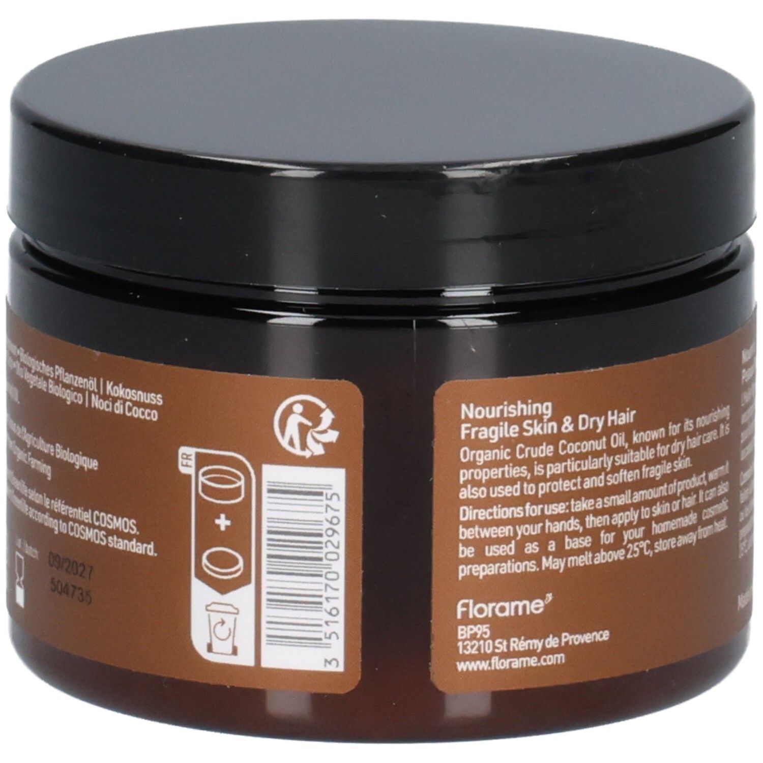 Pot brun avec couvercle noir. Inscription: Florame. Code-barres et symboles de recyclage. 125ml. Fabriqué en France.
