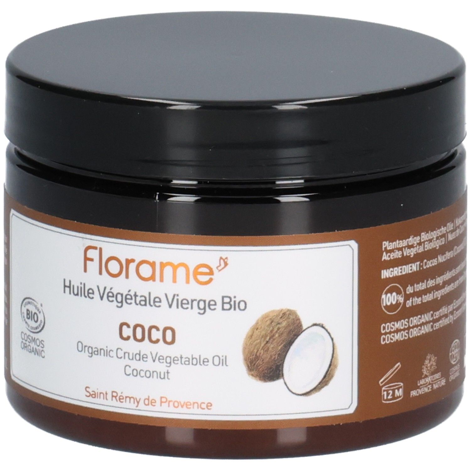 Pot brun avec couvercle noir. Inscription: Florame Coco, Huile Végétale Vierge Bio, Organic Crude Vegetable Oil, Cosmos Organic.
