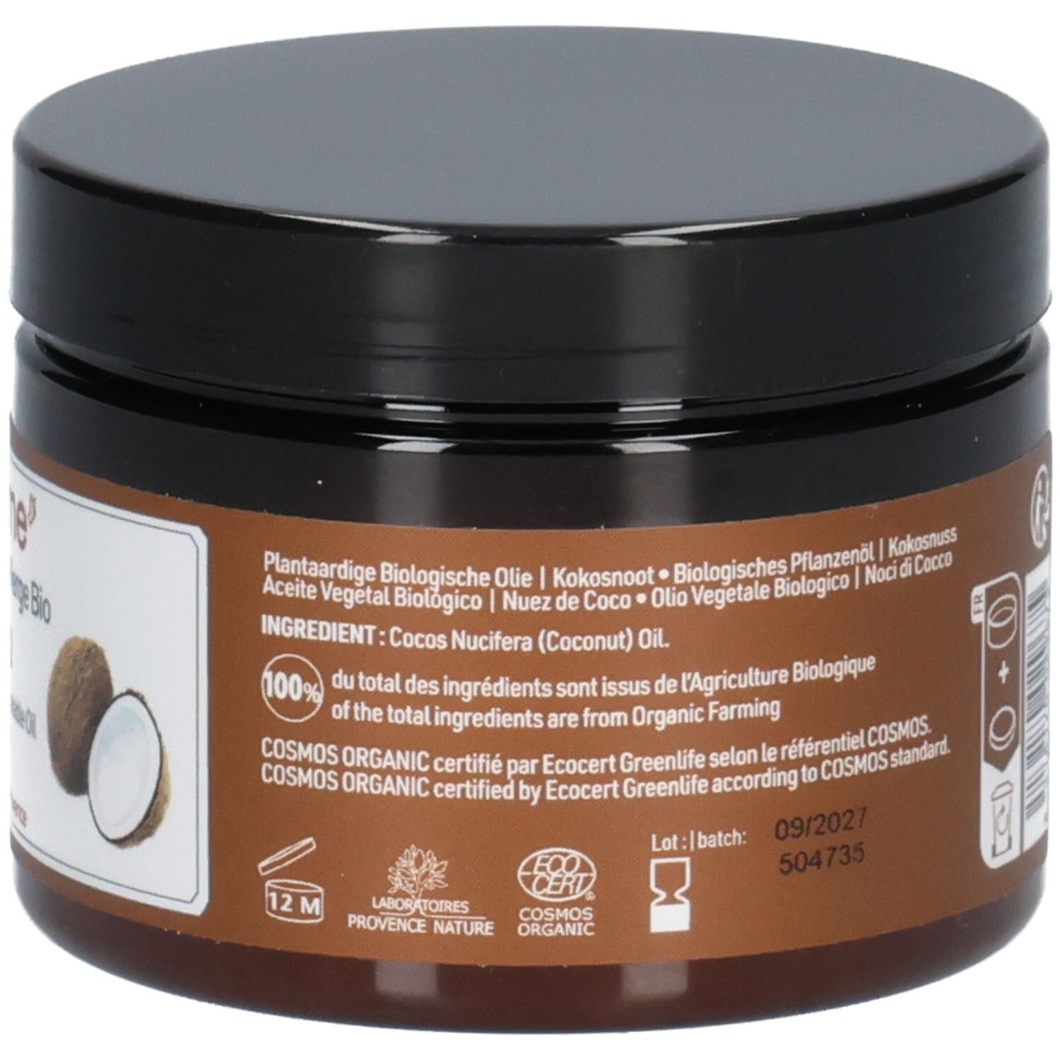 Pot brun avec couvercle noir. Inscription: 100% des ingrédients issus de l'agriculture biologique. Certification Cosmos Organic.