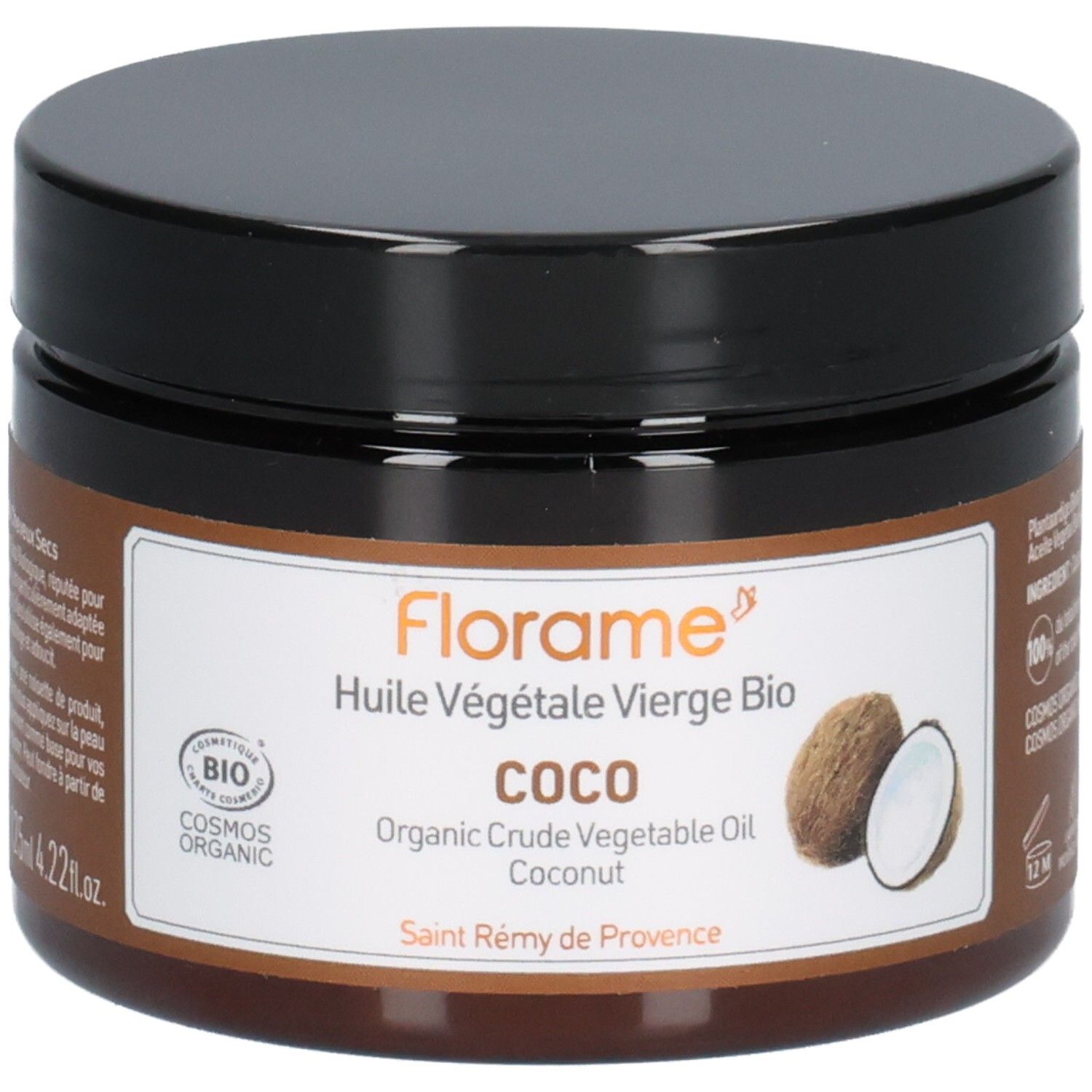 Pot brun avec couvercle noir. Inscription: Florame Coco, Huile Végétale Vierge Bio, Organic Crude Vegetable Oil, 125ml.
