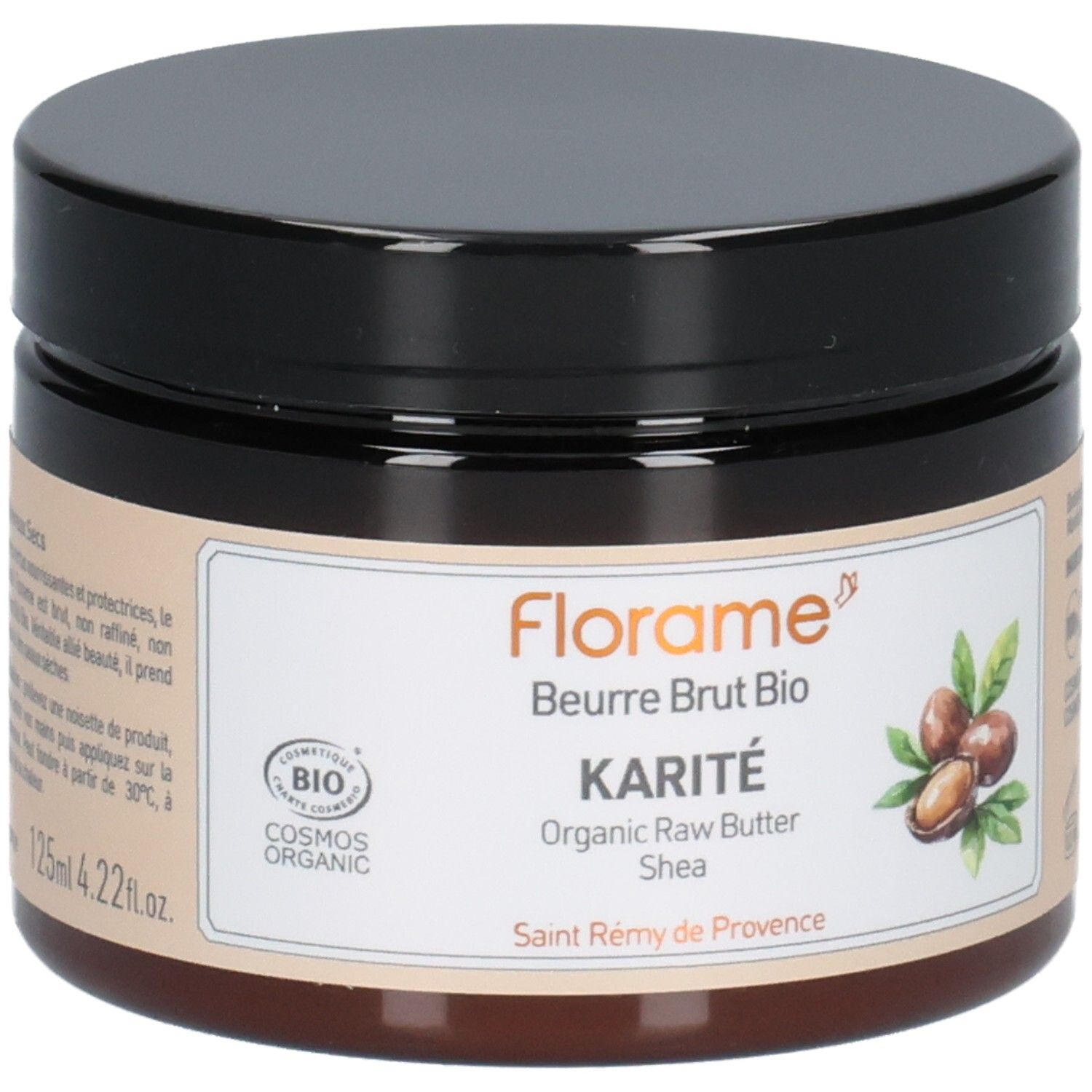 Pot marron avec couvercle noir. Étiquette avec Florame, Karité, Beurre brut Bio, label Cosmos Organic et illustration de noix de karité.