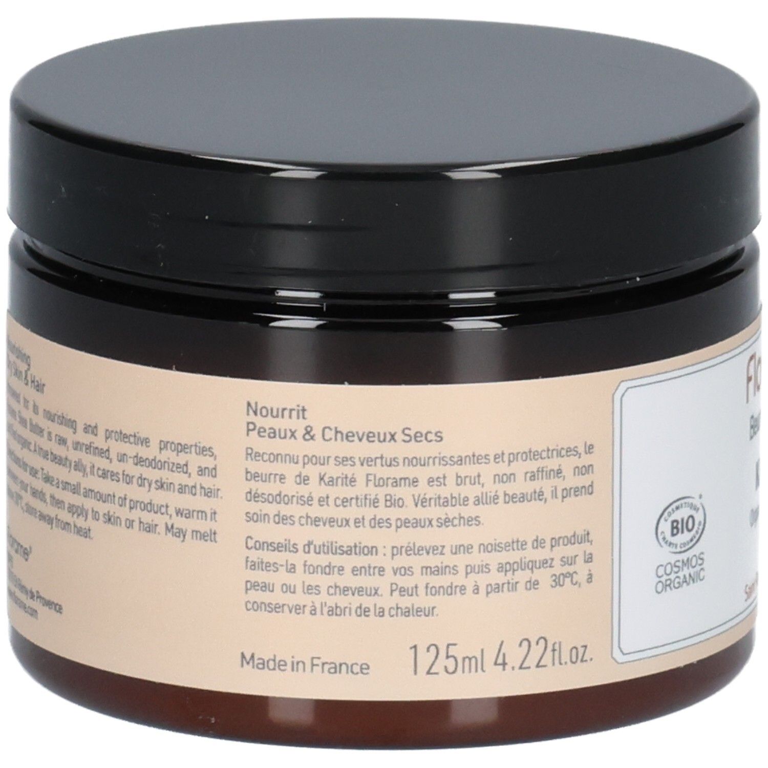 Dos du pot. Texte: Nourrit Peaux & Cheveux Secs. Conseils d'utilisation. Made in France. 125ml 4.22 fl.oz. Label Cosmos Organic.