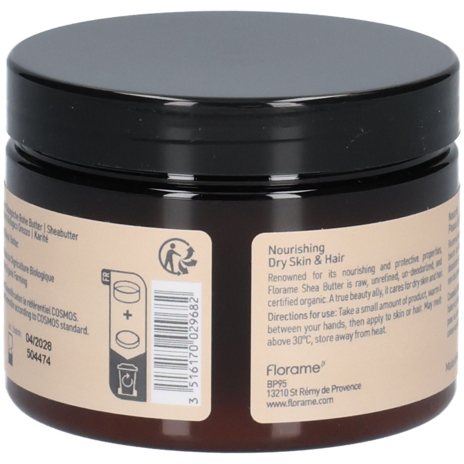 Dos du pot. Texte: Nourishing Dry Skin & Hair. Conseils d'utilisation. Code-barres. Symbole de recyclage. Adresse de Florame.