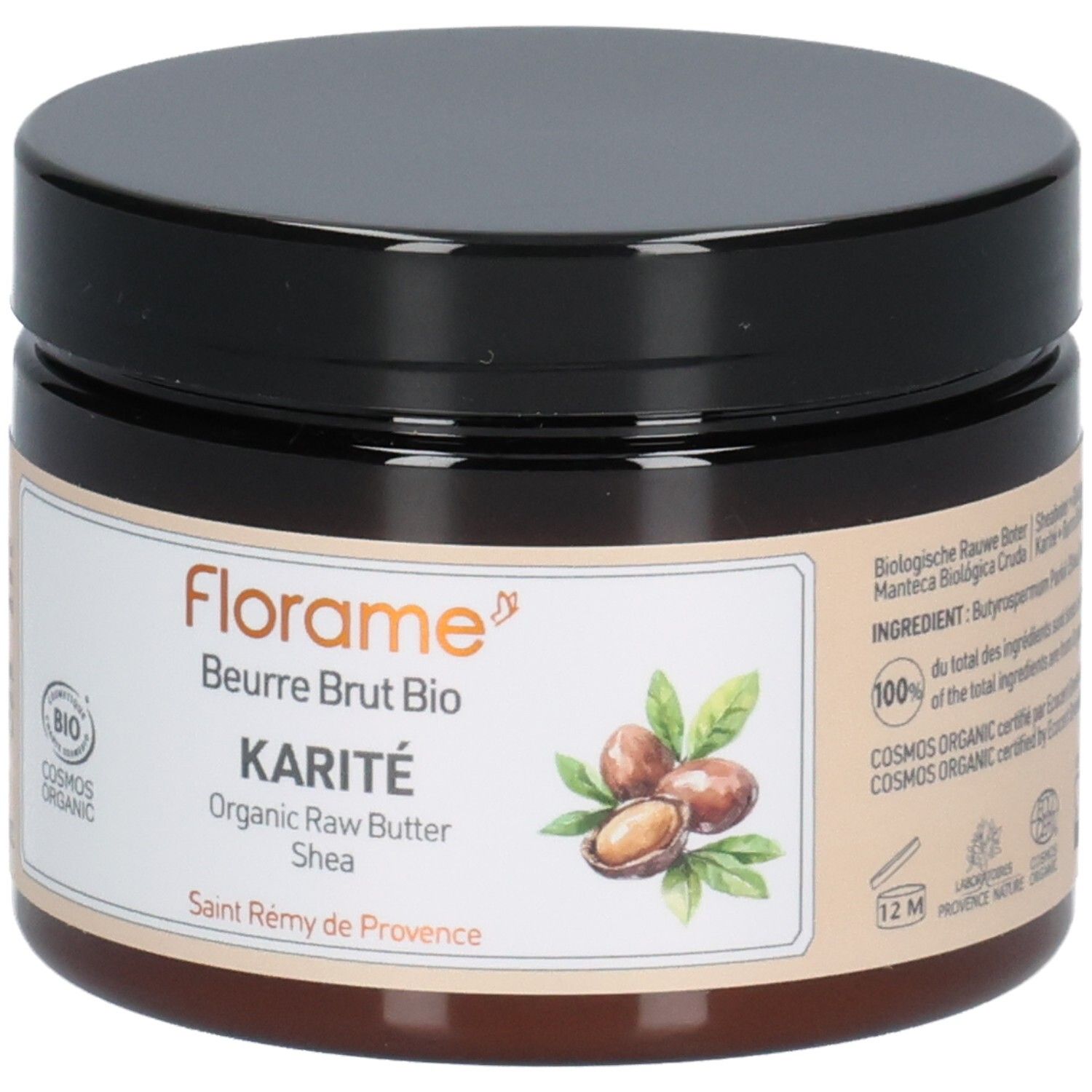 Pot marron avec couvercle noir. Étiquette avec Florame, Karité, Beurre brut Bio, label Cosmos Organic et illustration de noix de karité.
