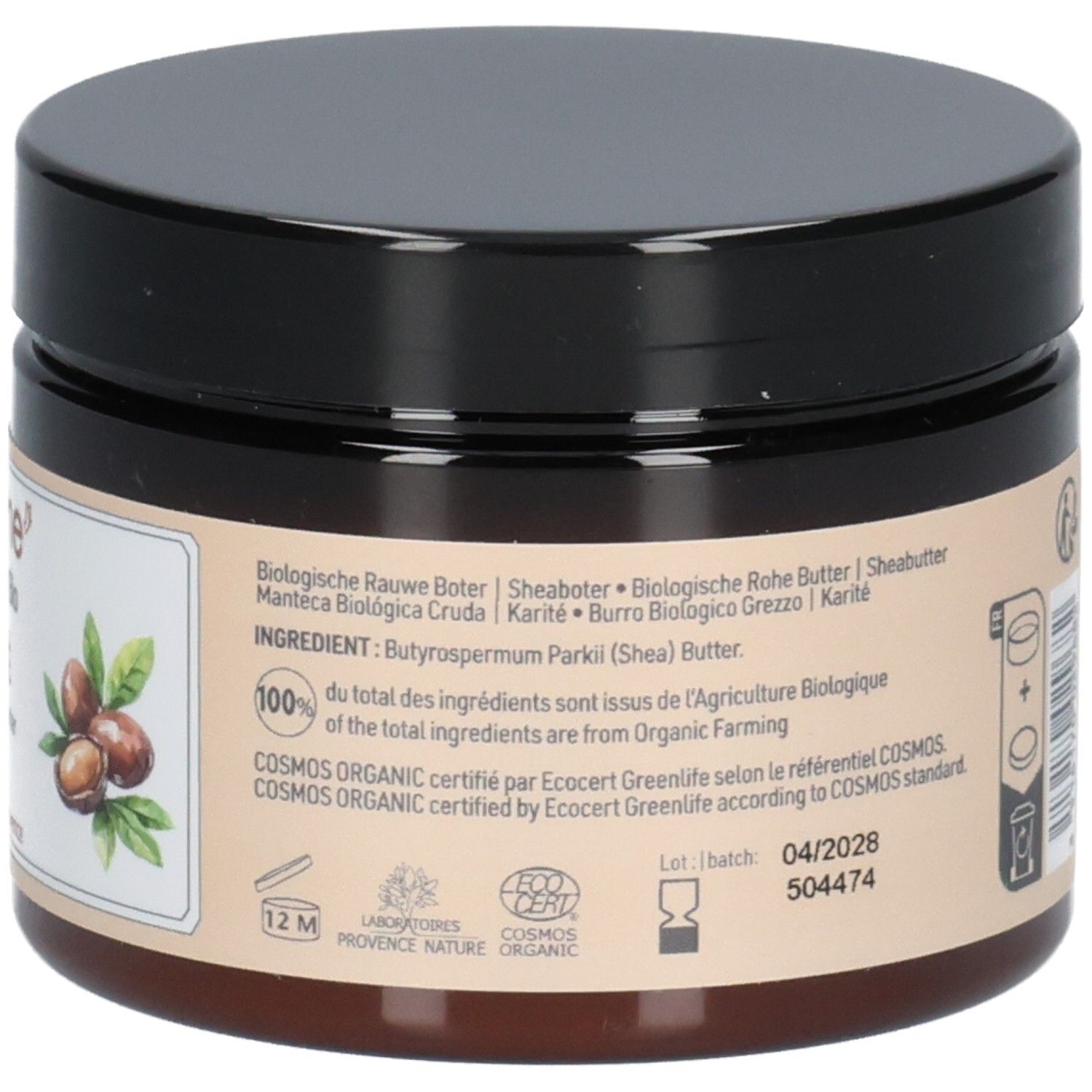 Dos du pot. Texte: Ingrédients. 100% des ingrédients issus de l'agriculture biologique. Certification Cosmos Organic. Date de péremption.