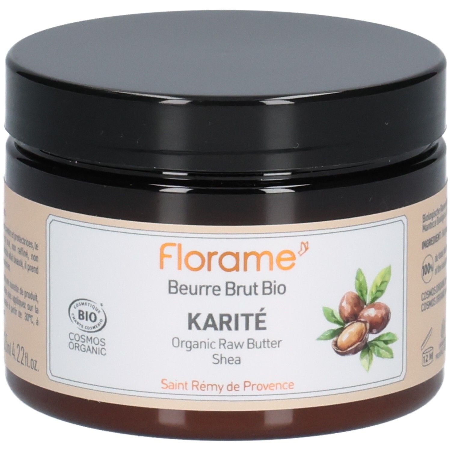 Pot marron avec couvercle noir. Étiquette avec Florame, Karité, Beurre brut Bio, label Cosmos Organic et illustration de noix de karité.