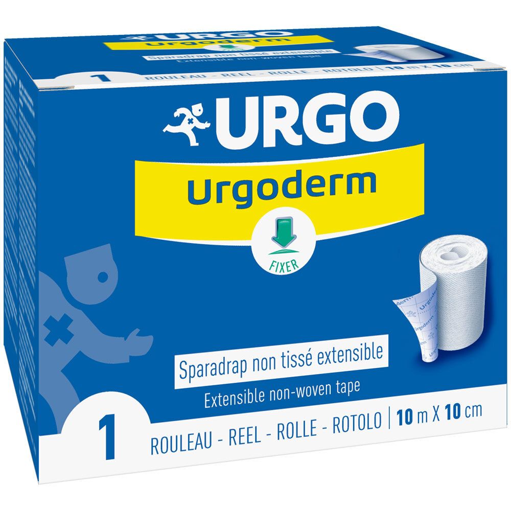 Urgo Urgoderm Sparadrap, 10m x 10cm, bande de fixation non tissée extensible.