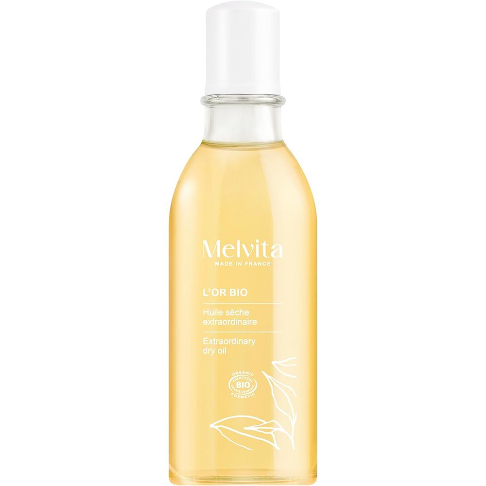 Huile Sèche Extraordinaire L'Or Bio Melvita dans une bouteille en verre avec un bouchon blanc.