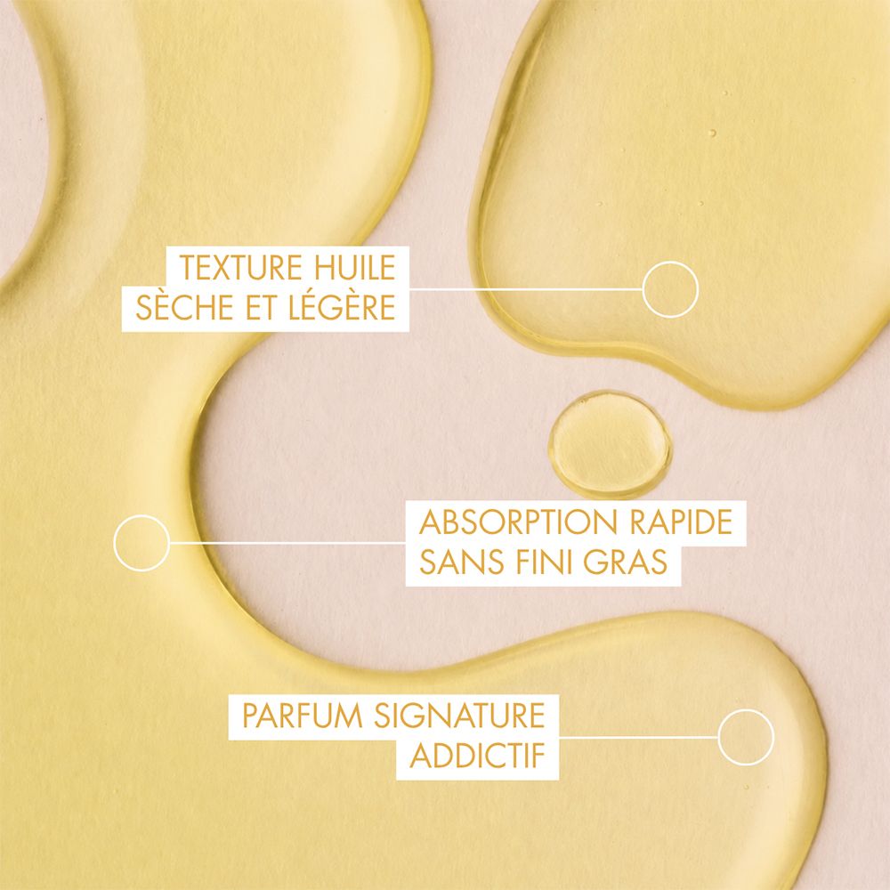 Gouttes de Melvita L'Or Bio Extraordinary Dry Oil. Texte : Texture huile sèche et légère, absorption rapide.