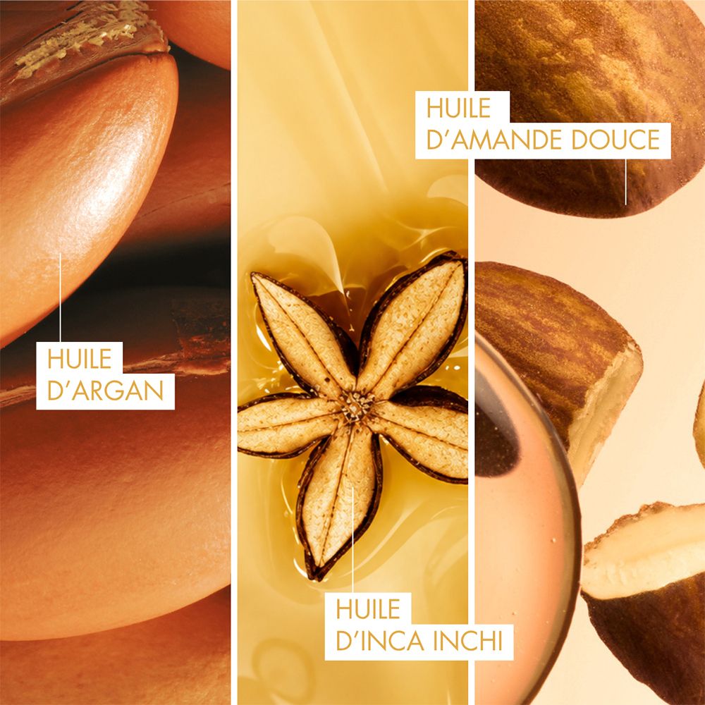 Collage d'ingrédients huile d'argan, huile d'amande douce et huile d'inca inchi. Texte : "HUILE D'ARGAN", "HUILE D'AMANDE DOUCE", "HUILE D'INCA INCHI".