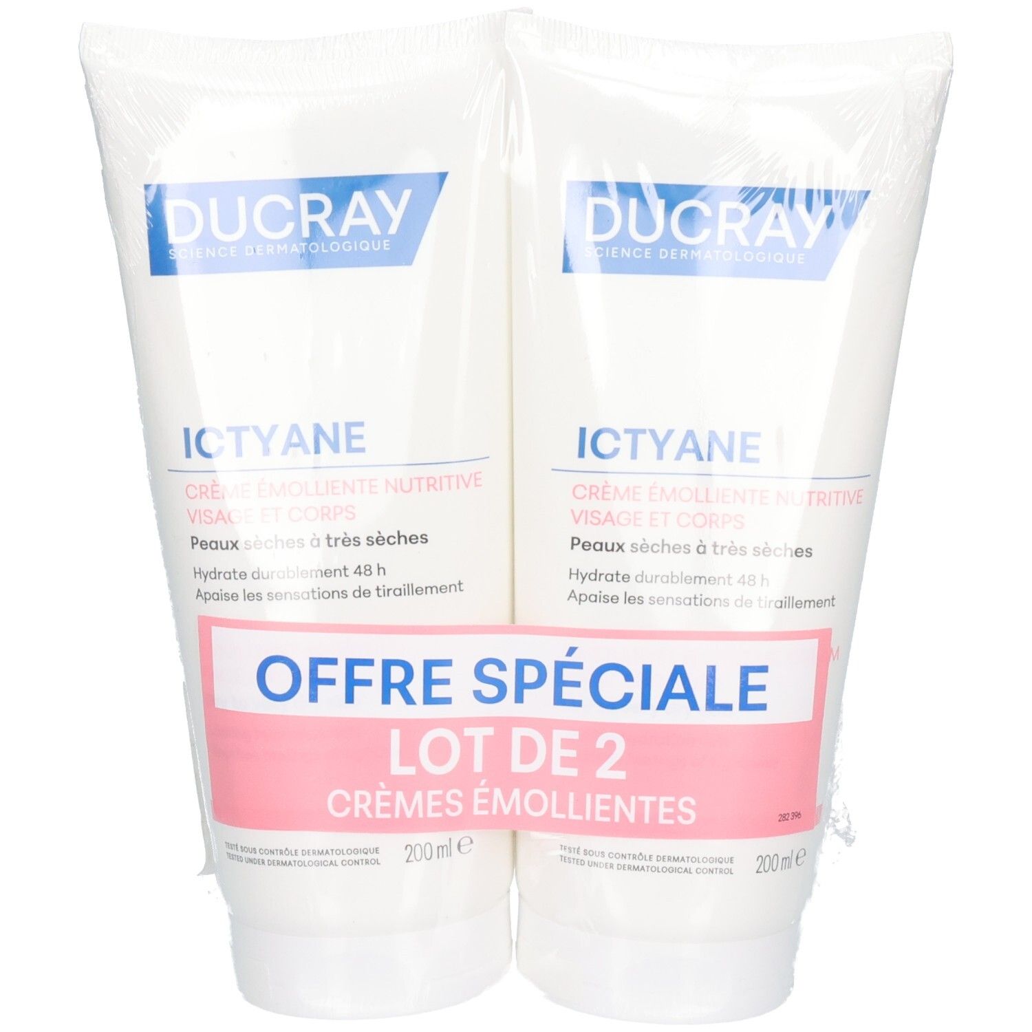 Deux tubes blancs ICTYANE CR EMOL NUTRITIVE 200MLX2 avec une bande rose "OFFRE SPÉCIALE LOT DE 2 CRÈMES ÉMOLLIENTES".