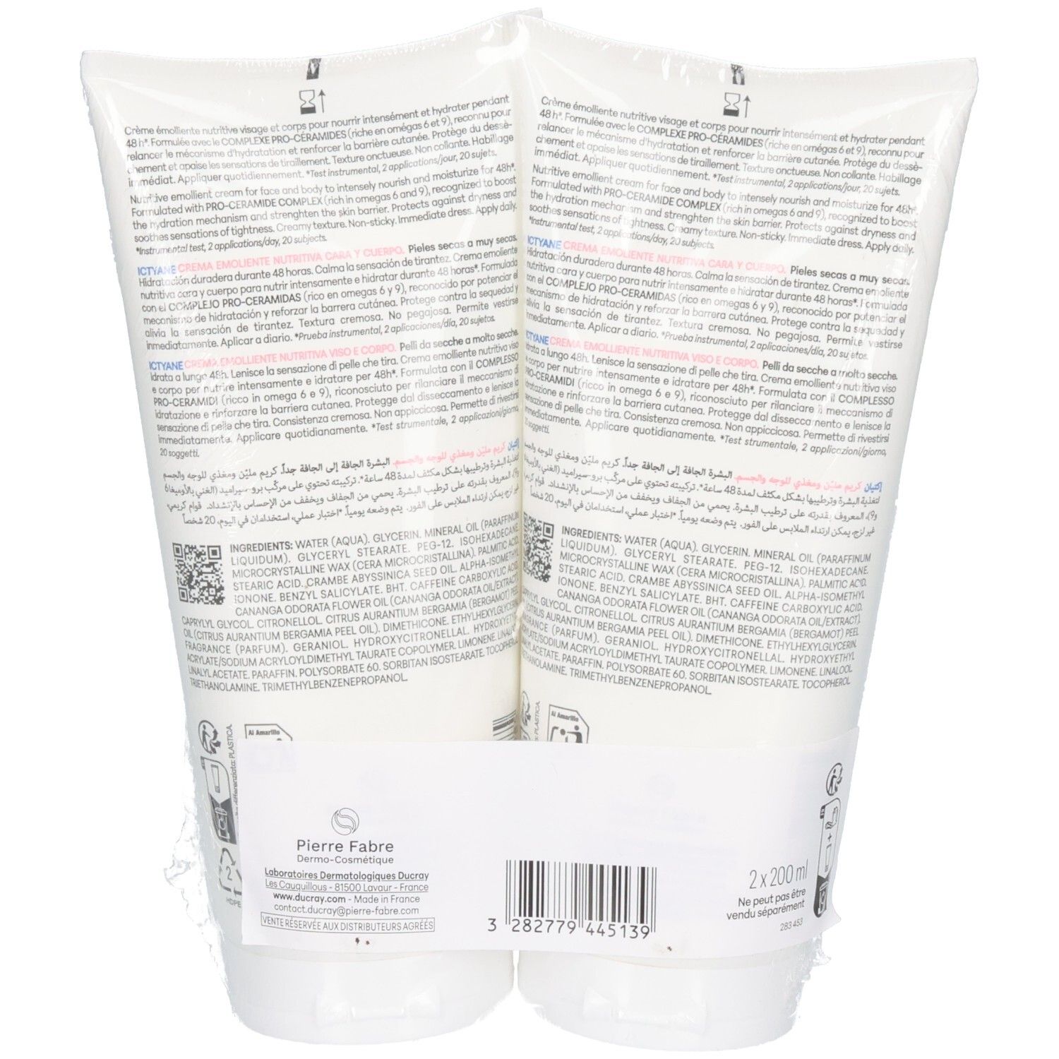 Arrière de deux tubes blancs ICTYANE CR EMOL NUTRITIVE 200MLX2 avec informations produit et code-barres.