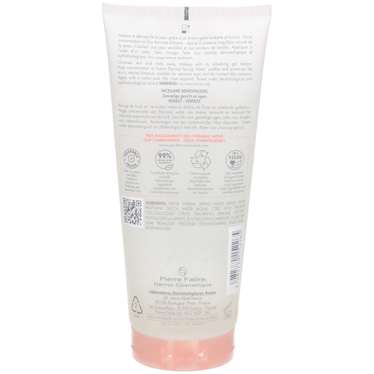 Dos de la Avene Eau Thermale Gelée Micellaire Demaquillante tube avec ingrédients et certifications.