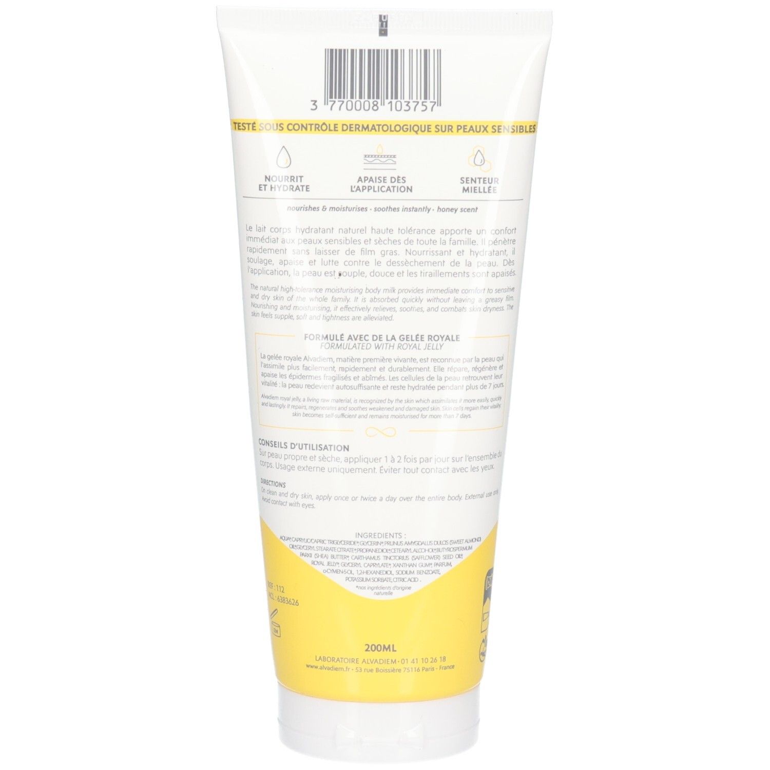 Arrière d'un tube blanc avec design jaune. Affiche les informations produit et les ingrédients.
