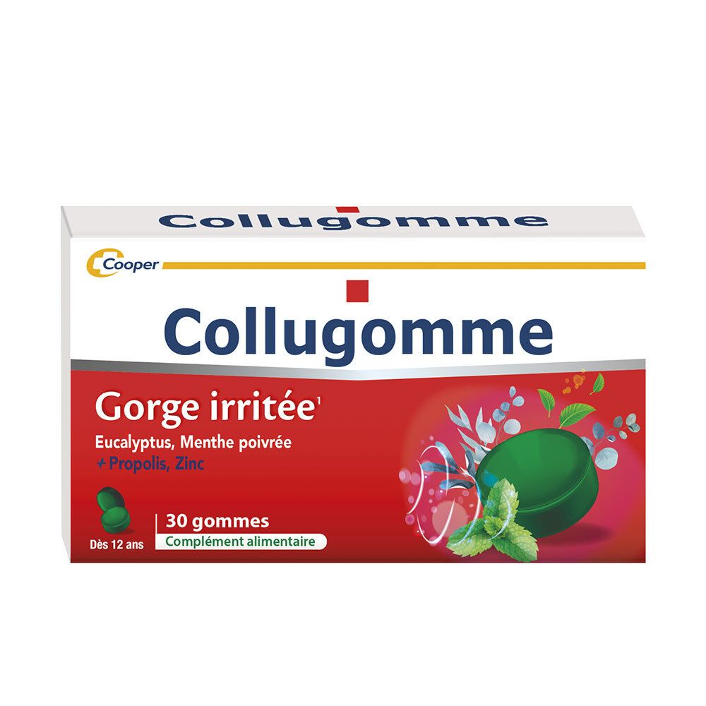 Boîte de 30 pastilles Collugomme pour gorge irritée.