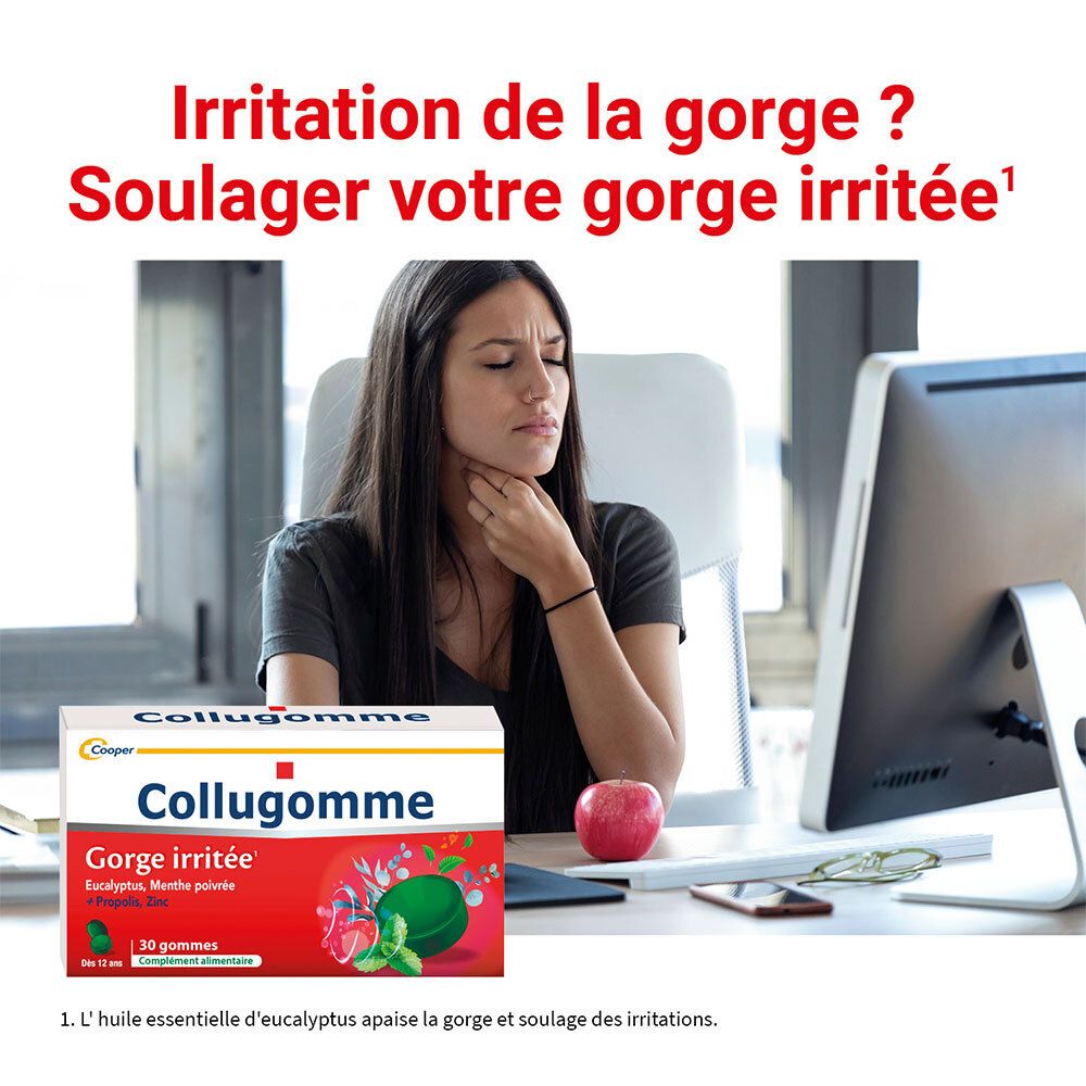 Femme avec mal de gorge au bureau, à côté d'une boîte Collugomme.