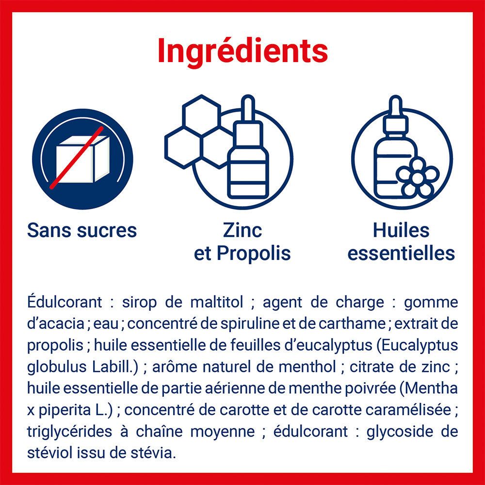 Symboles pour sans sucre, Zinc & Propolis, huiles essentielles.