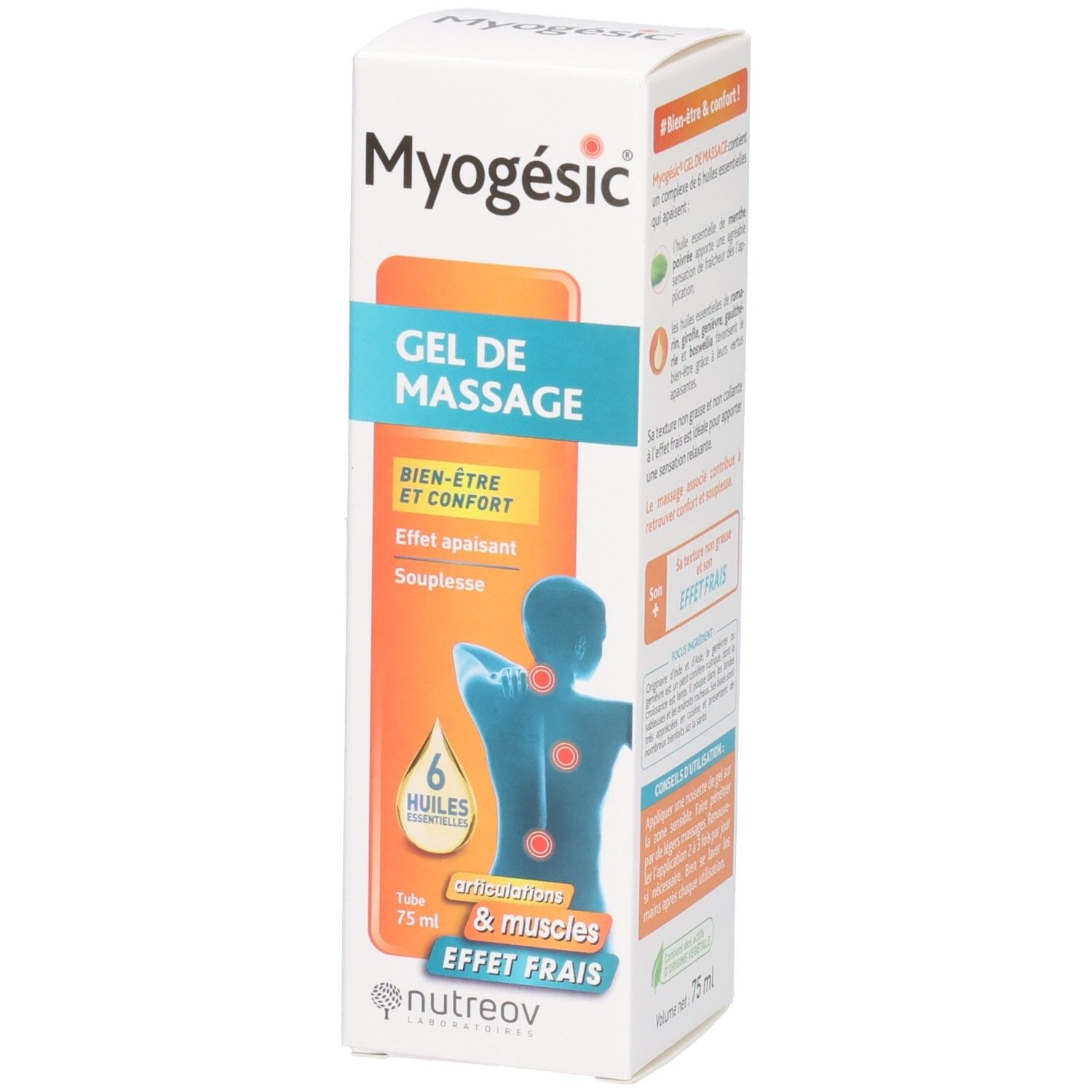 Emballage de gel de massage Myogésic avec illustration du dos et texte.