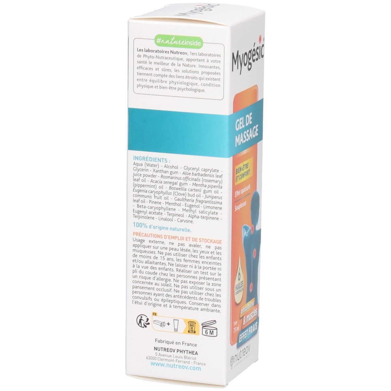 Arrière de l'emballage de gel de massage Myogésic avec ingrédients et précautions.