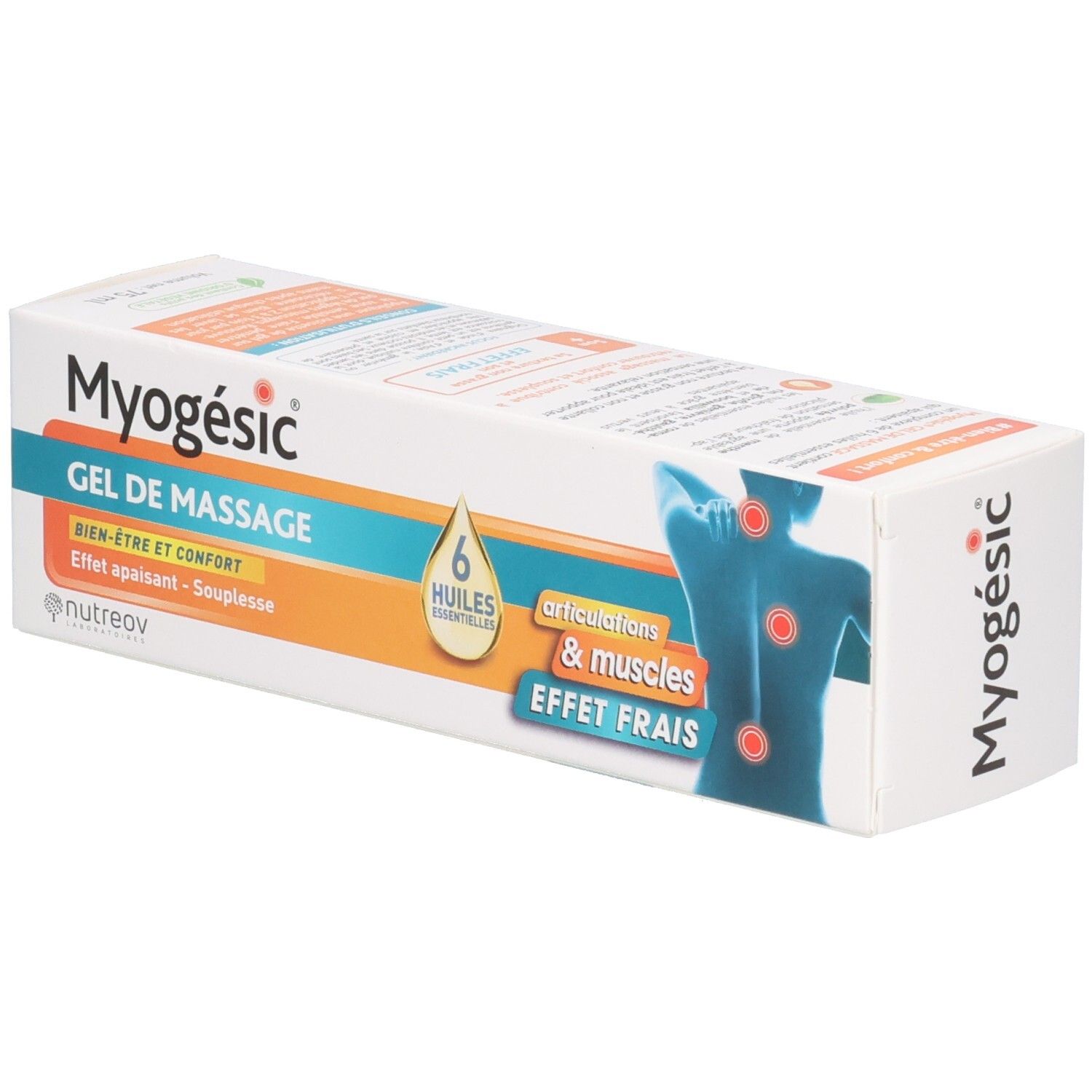 Emballage de gel de massage Myogésic, vue latérale avec illustration du dos et texte.