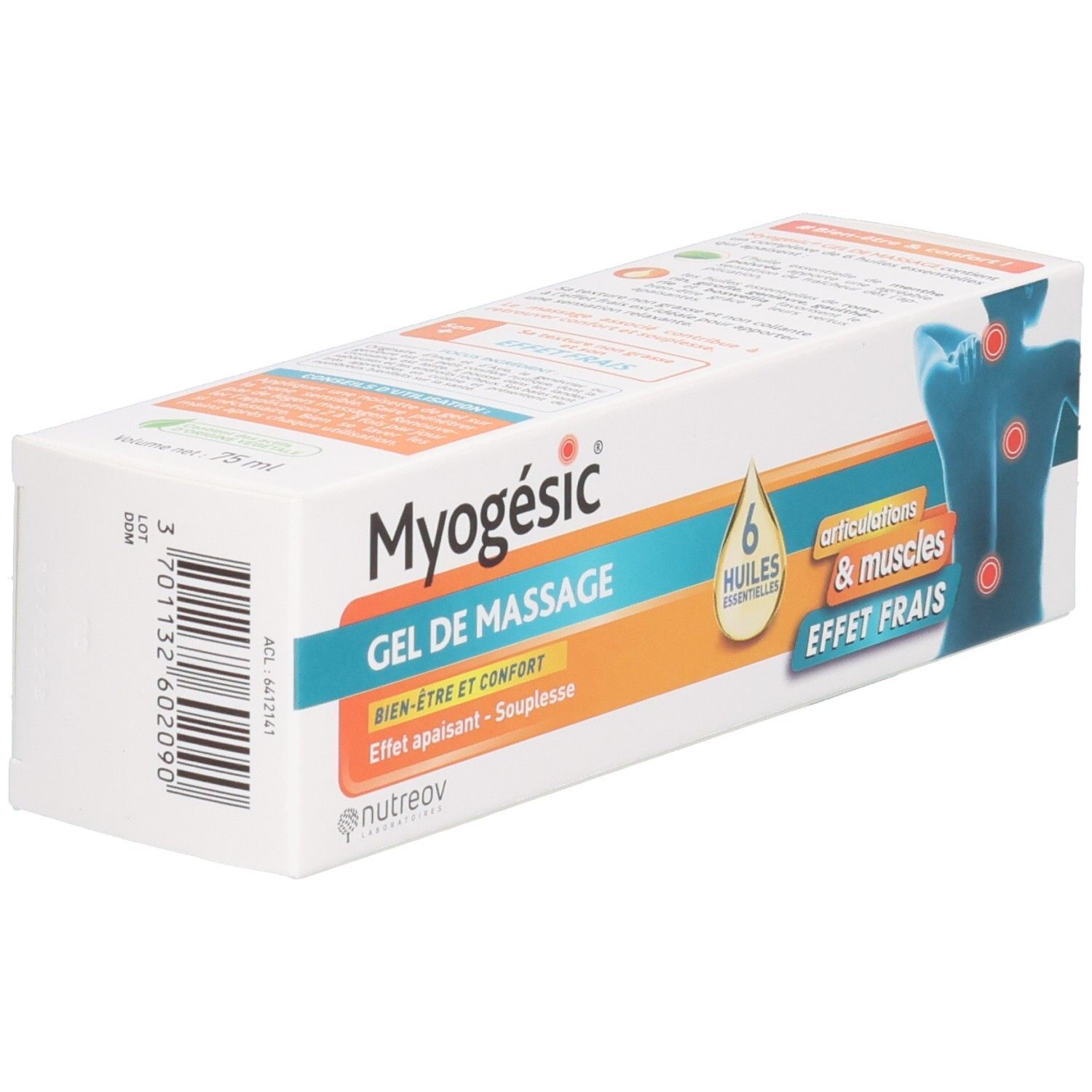 Emballage de gel de massage Myogésic, vue latérale avec code-barres et texte.