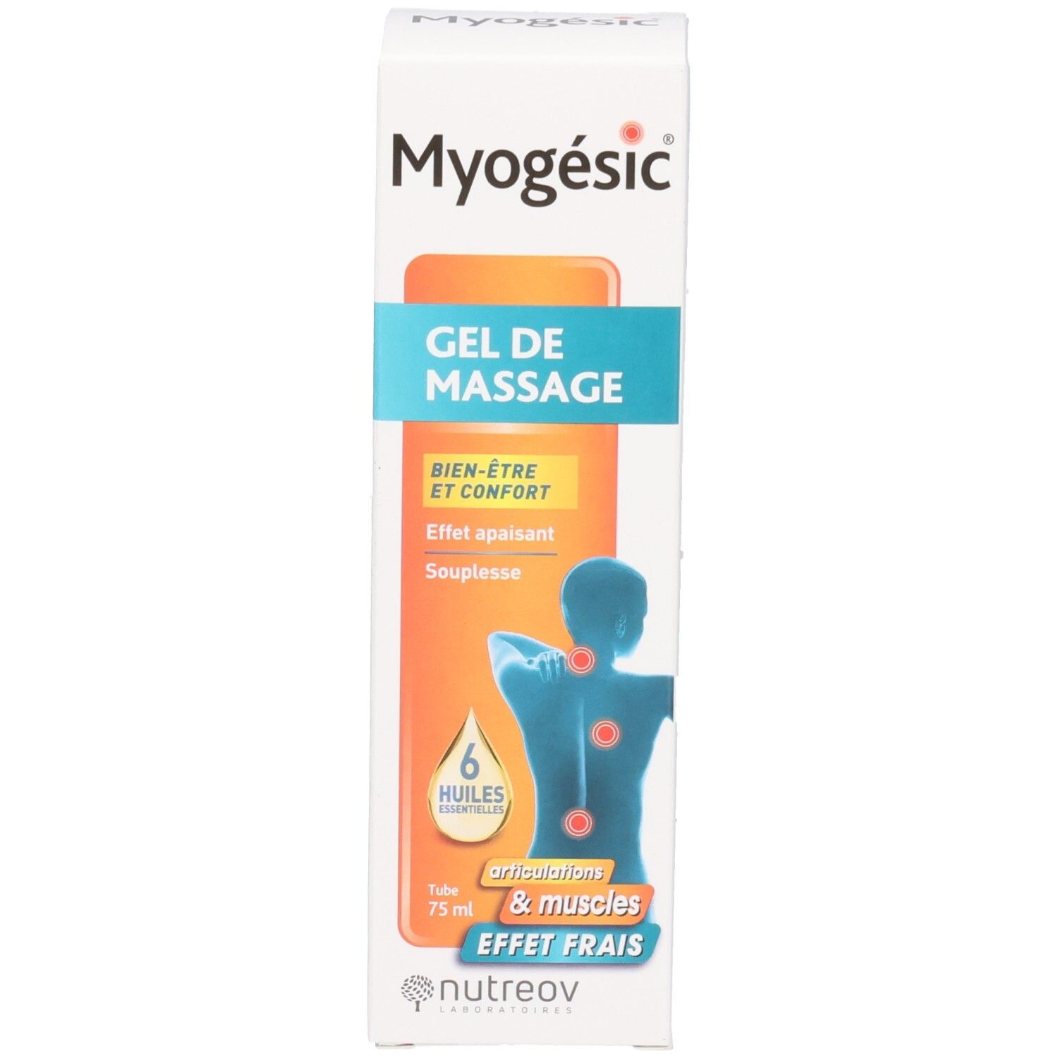 Emballage de gel de massage Myogésic avec illustration du dos et texte.