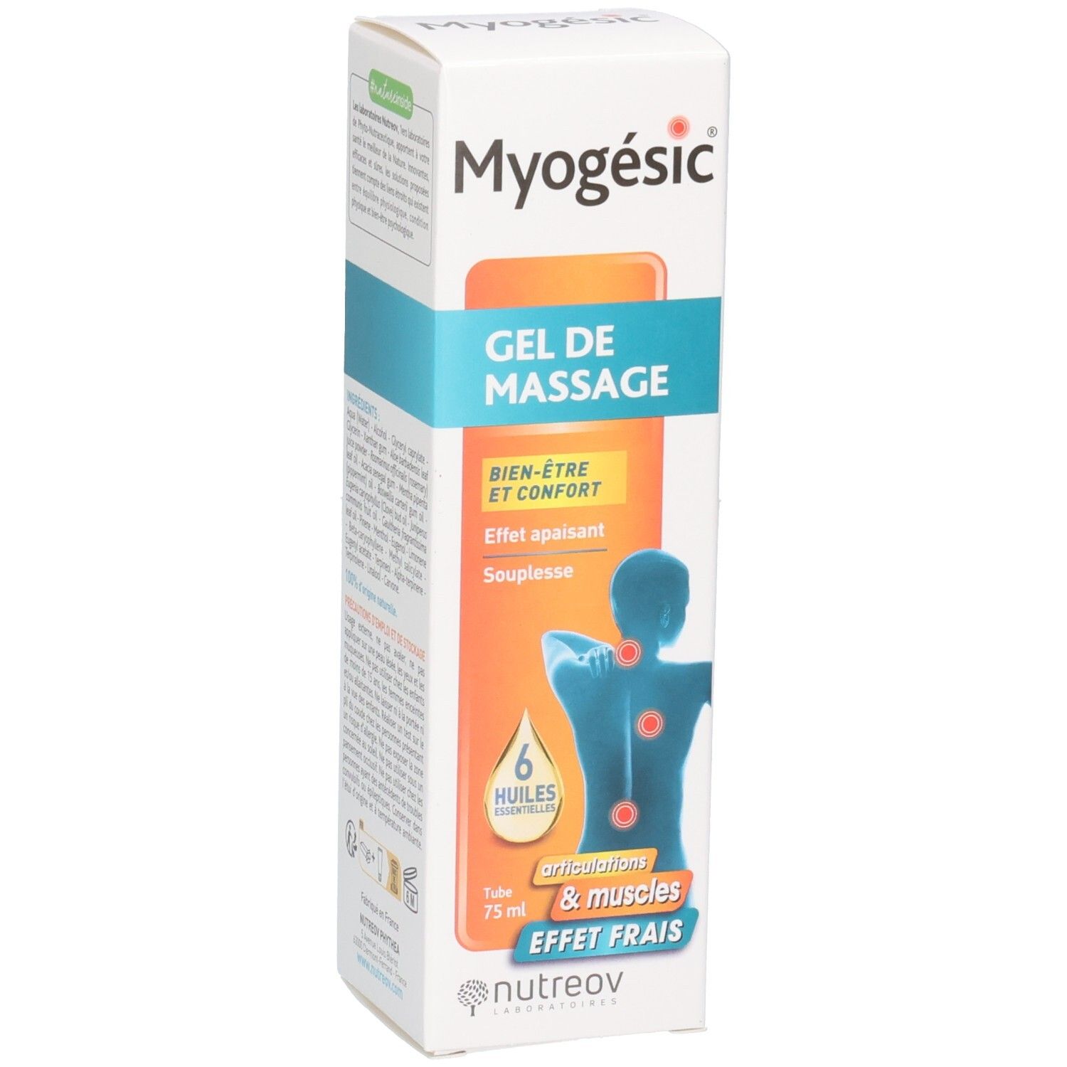 Emballage de gel de massage Myogésic avec illustration du dos et texte.