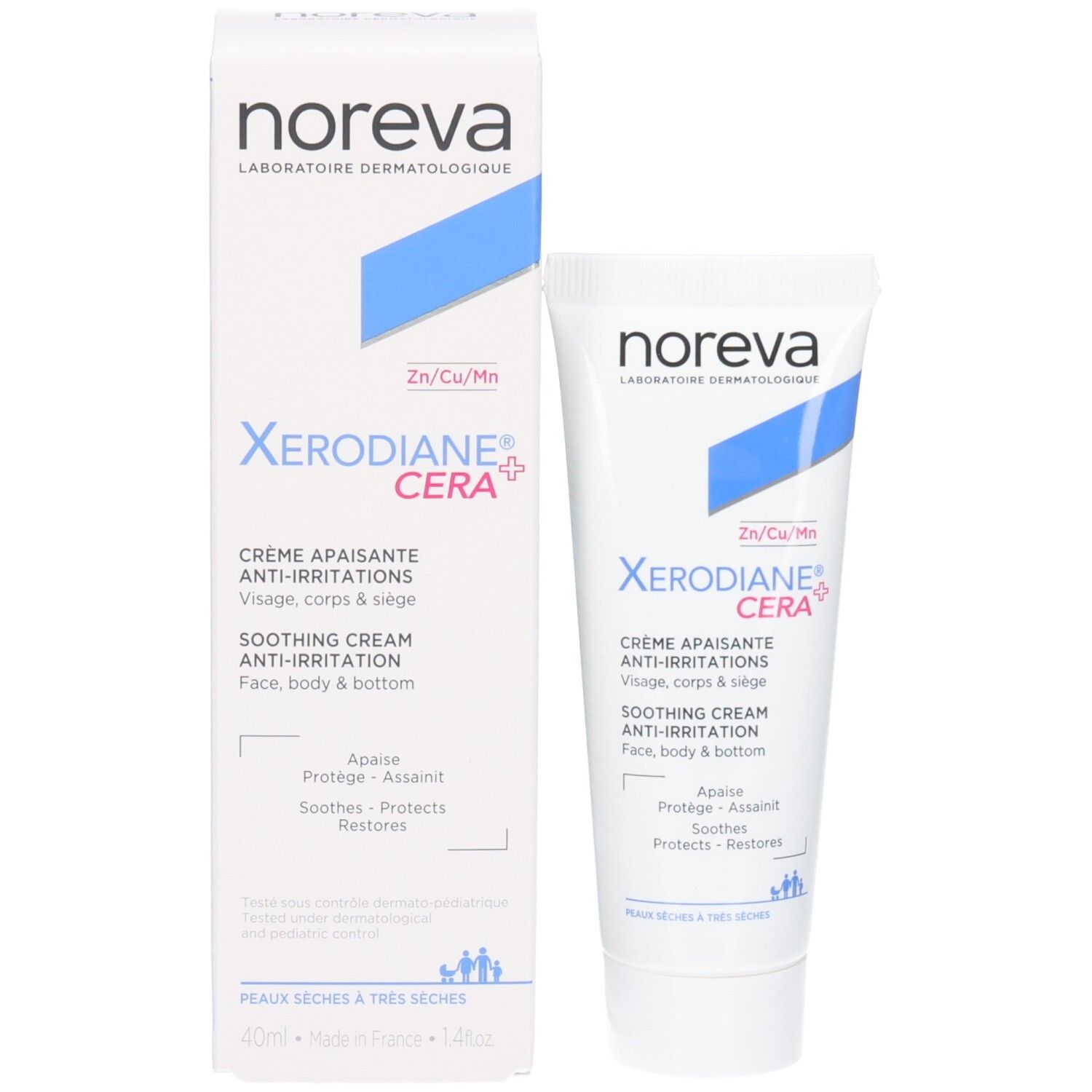 Crème Noreva Xerodiane Cera+ et sa boîte, apaisante anti-irritations.