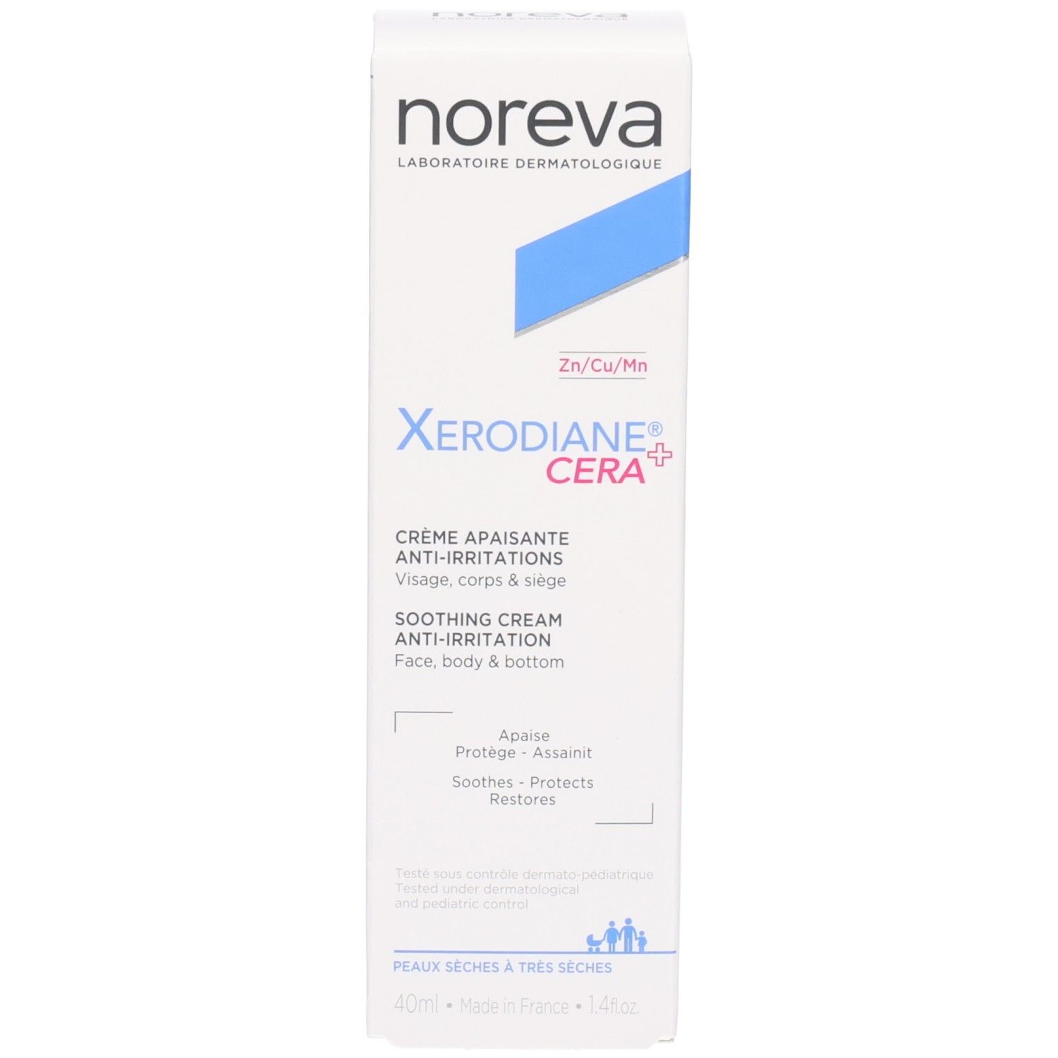 Boîte Noreva Xerodiane Cera+ crème apaisante anti-irritations.