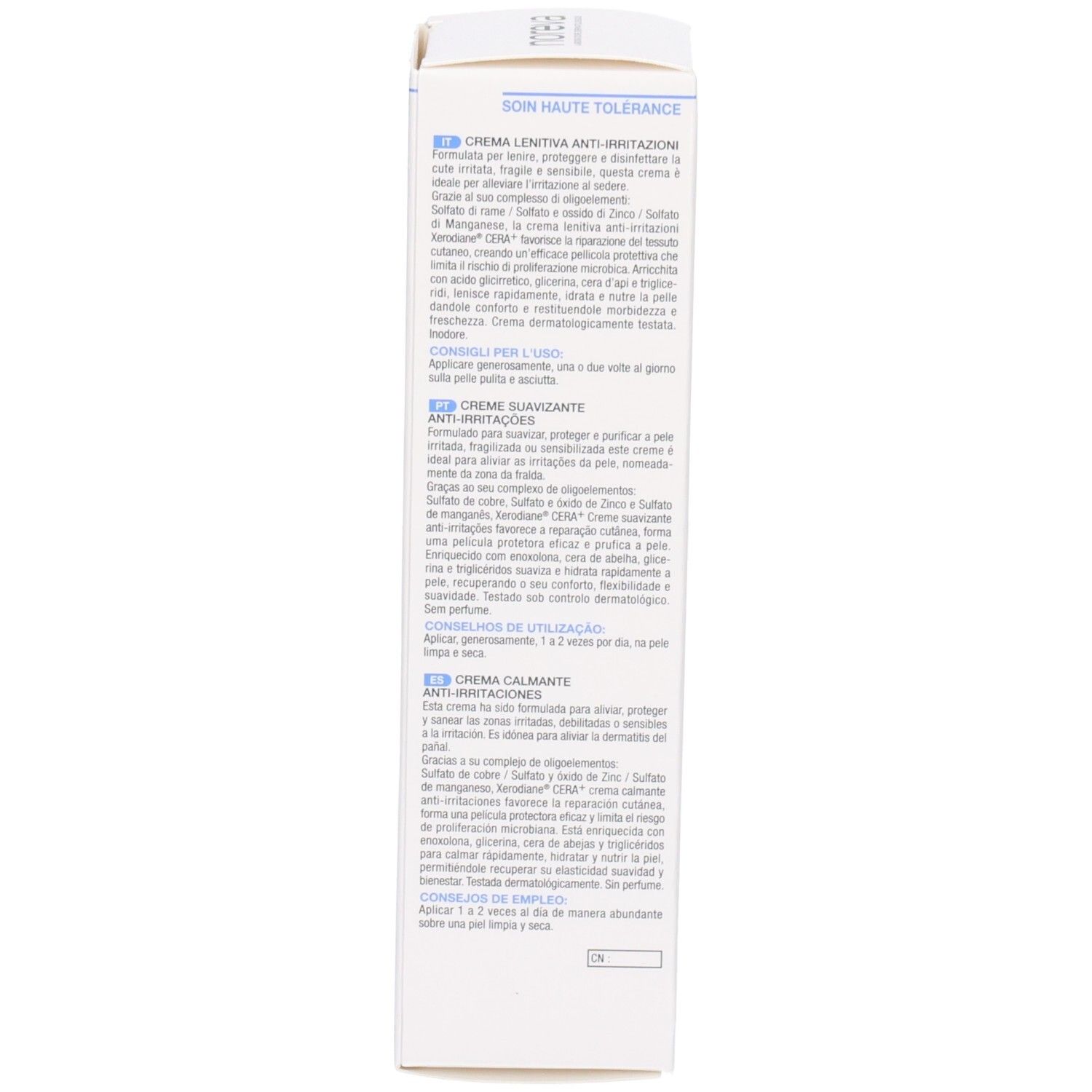 Vue latérale de la boîte Noreva Xerodiane Cera+ avec informations produit.