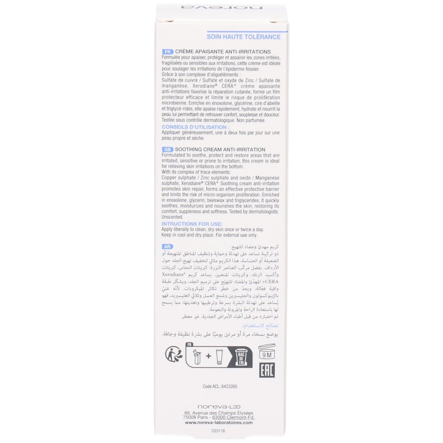 Vue latérale de la boîte Noreva Xerodiane Cera+ avec informations détaillées.