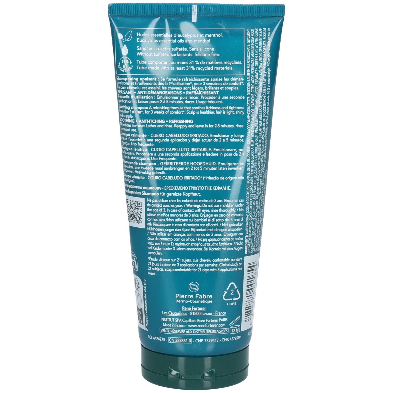 Arrière du tube de shampooing apaisant FURTERER ASTERA, avec ingrédients et instructions.