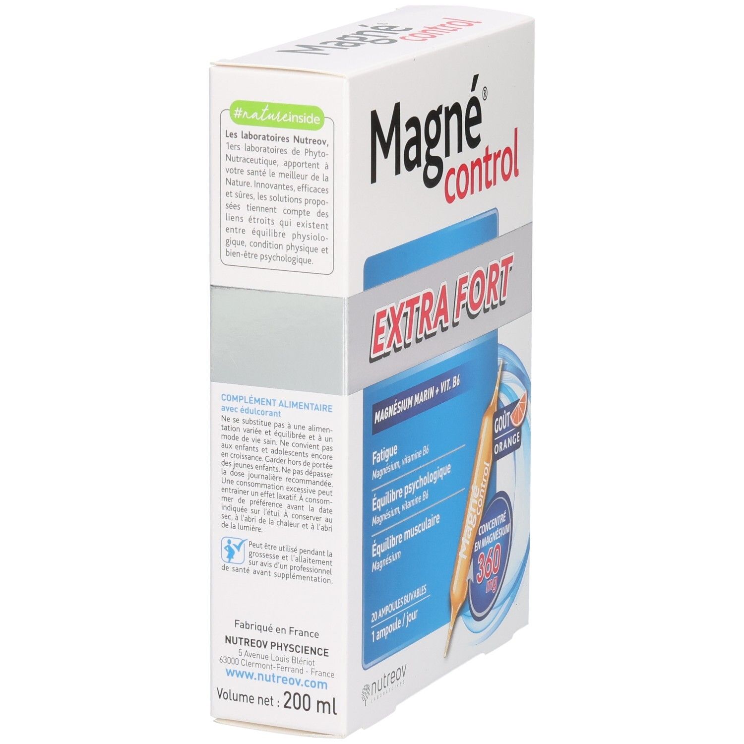 Boîte Nutreov Magné Control Extra Fort, verso avec informations produit.