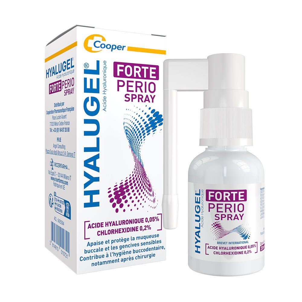 HYALUGEL Forte Perio Spray avec applicateur et boîte pliante. Contient de l'acide hyaluronique et de la chlorhexidine.
