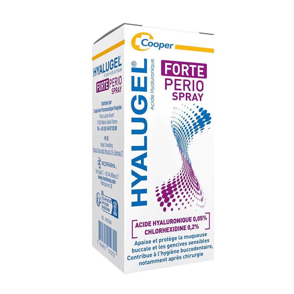 Boîte pliante pour HYALUGEL Forte Perio Spray. La face avant indique le nom du produit, les ingrédients et les instructions.