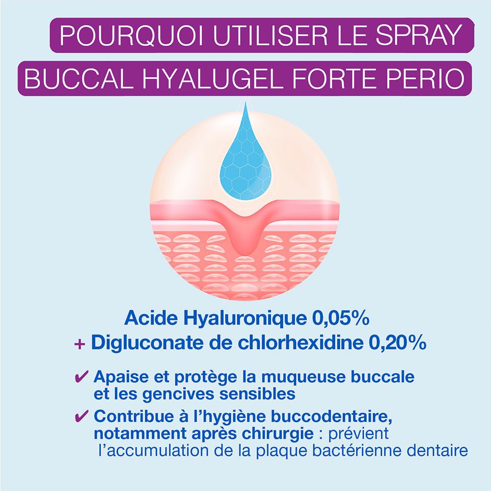 Illustration de l'action du HYALUGEL Forte Perio Spray : Apaise et protège la muqueuse buccale et les gencives. Acide hyaluronique et chlorhexidine.