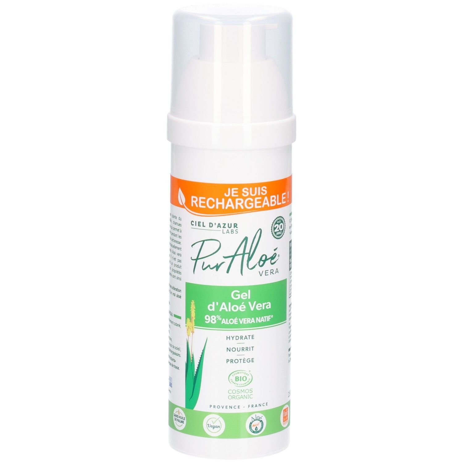 Flacon blanc avec pompe, Pur Aloe Gel d'Aloe Vera 98% Aloe Vera Nat.