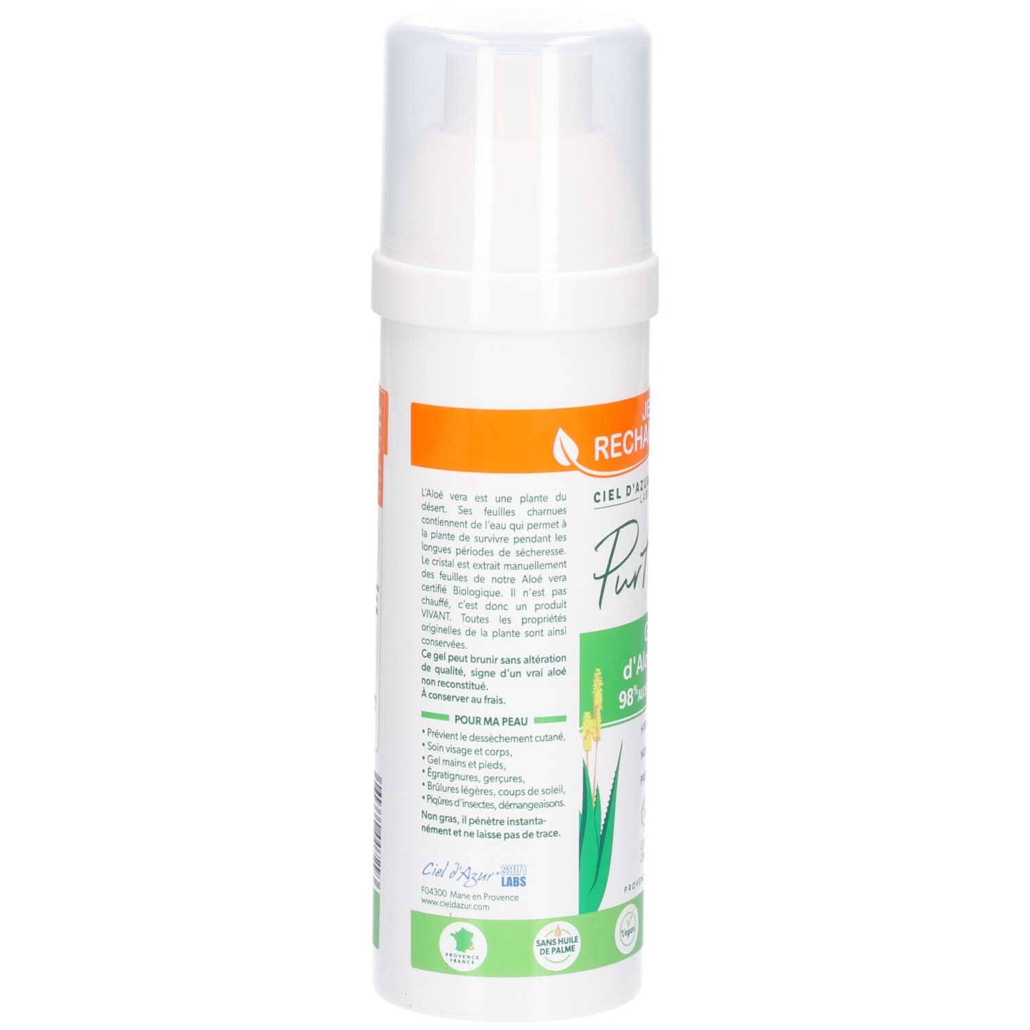 Arrière d'un flacon blanc avec pompe, Pur Aloe Gel d'Aloe Vera 98% Aloe Vera Nat.