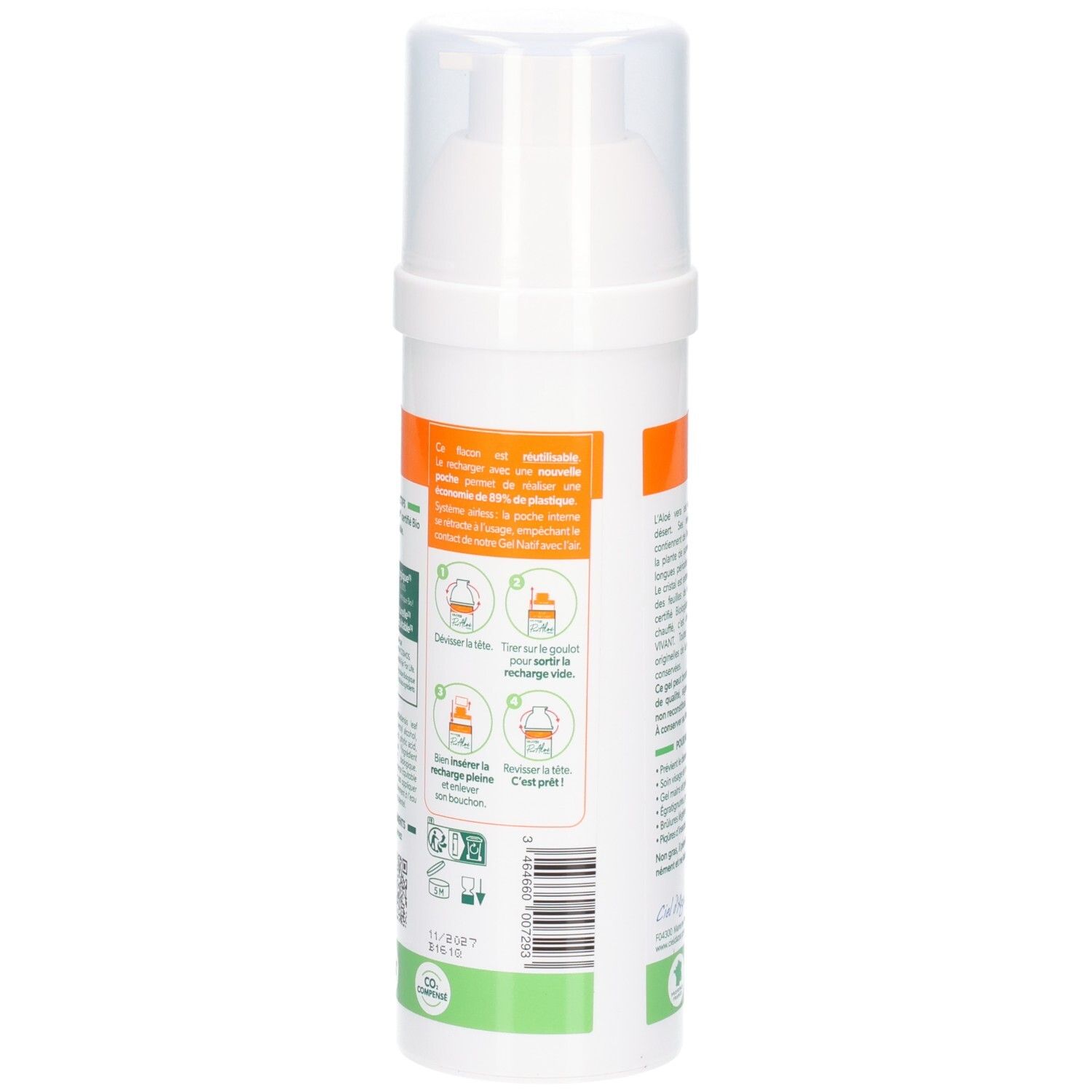 Arrière d'un flacon blanc avec pompe, Pur Aloe Gel d'Aloe Vera 98% Aloe Vera Nat.
