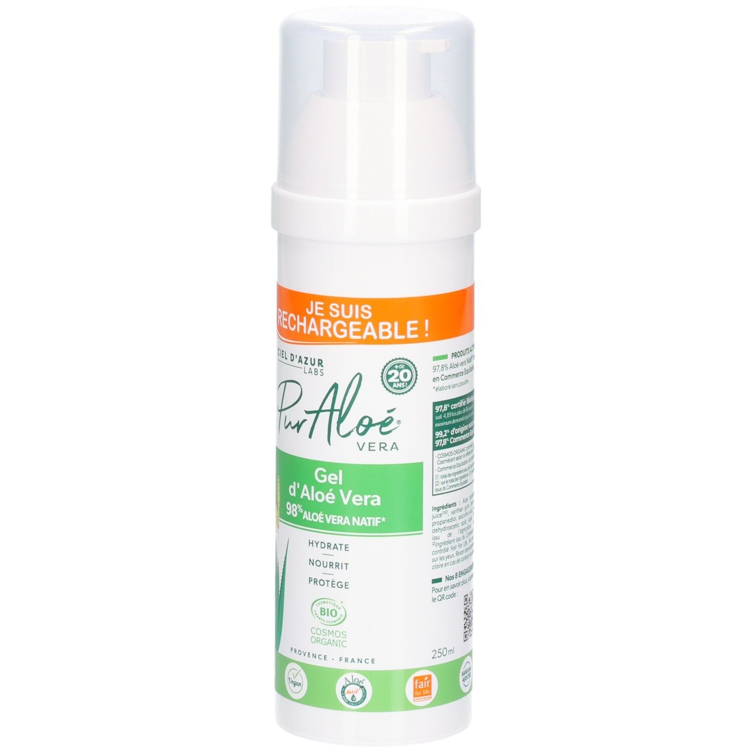 Flacon blanc avec pompe, Pur Aloe Gel d'Aloe Vera 98% Aloe Vera Nat.