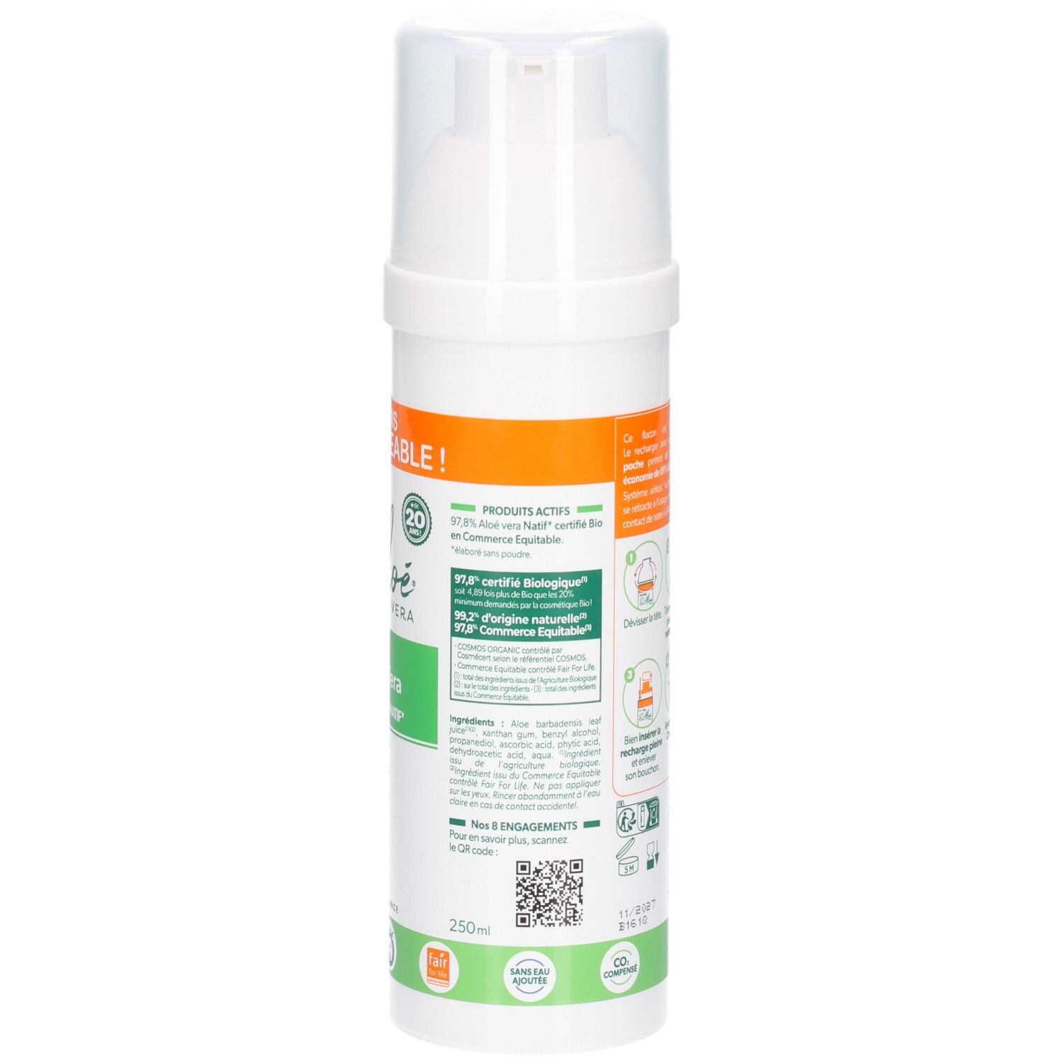 Arrière d'un flacon blanc avec pompe, Pur Aloe Gel d'Aloe Vera 98% Aloe Vera Nat.