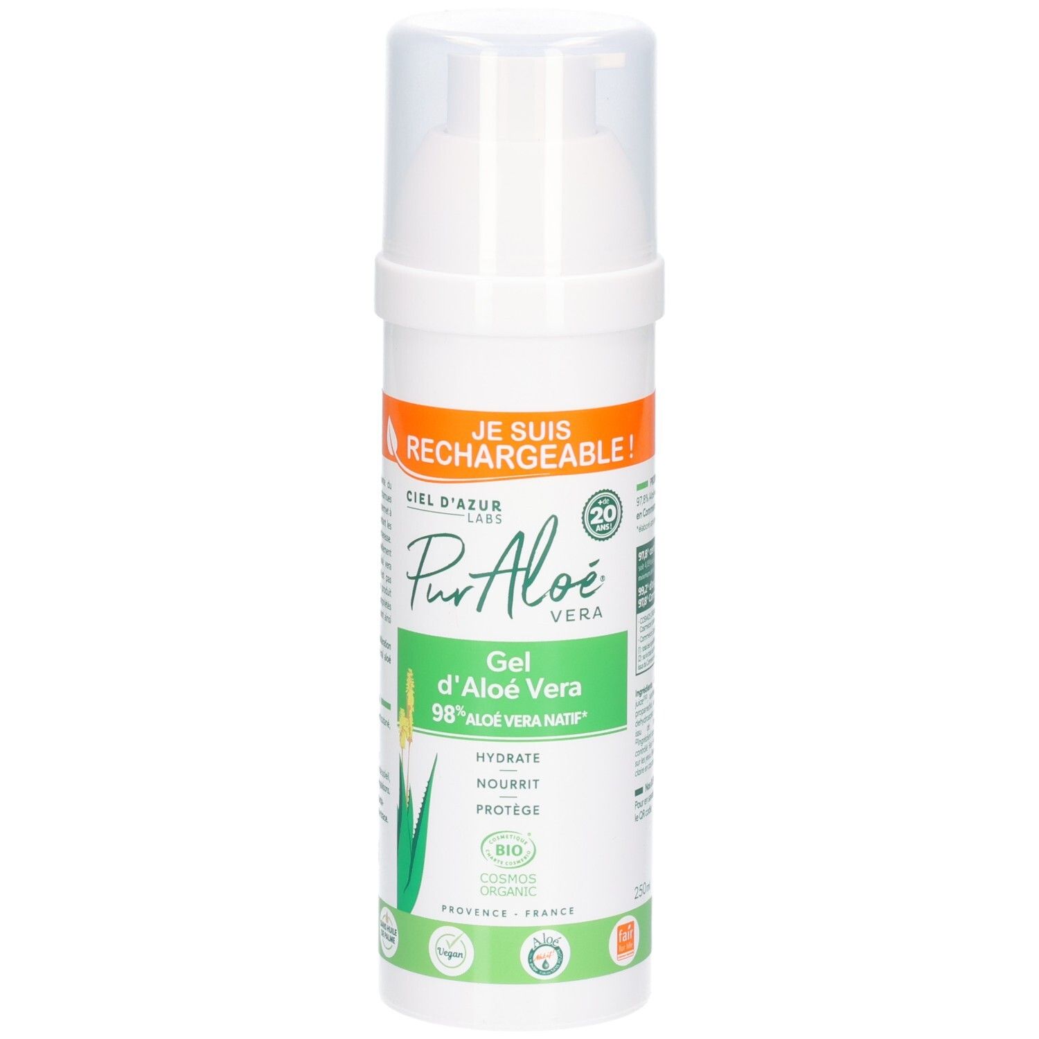 Flacon blanc avec pompe, Pur Aloe Gel d'Aloe Vera 98% Aloe Vera Nat.