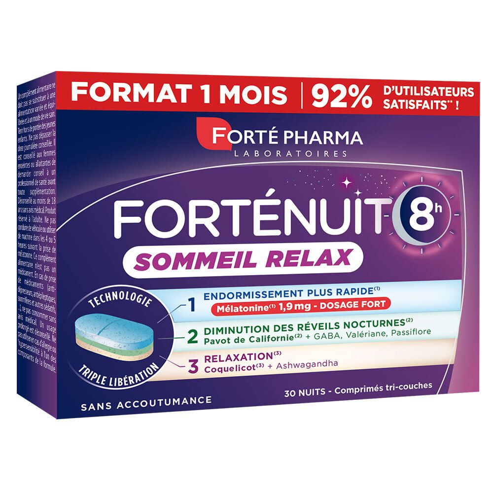 Forté Pharma Forténuit 8h: 30 comprimés tri-couches pour le sommeil et la relaxation.