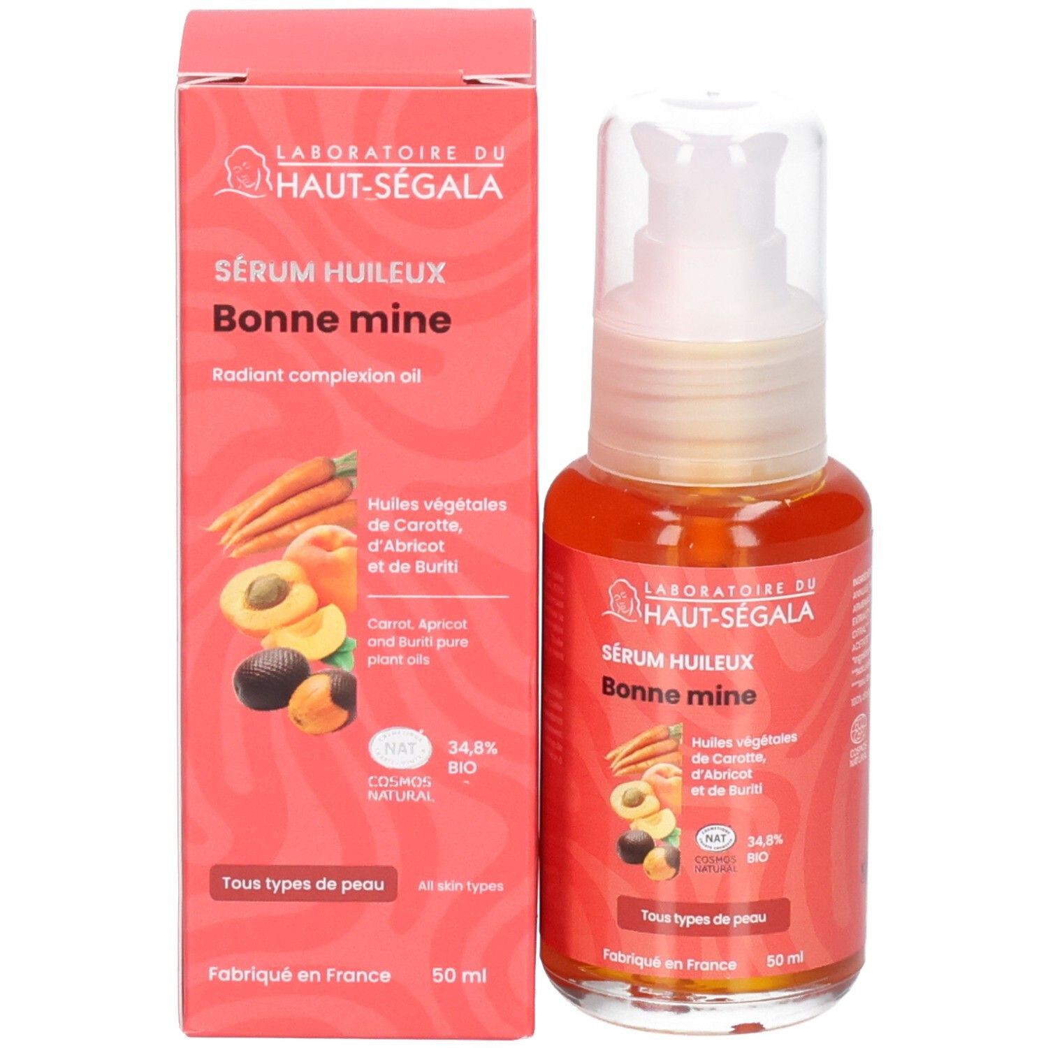 Boîte et flacon pompe, étiquette "Sérum Huileux Bonne Mine", carottes et fruits.