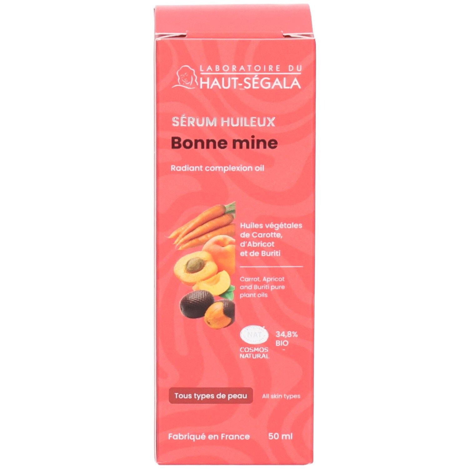 Boîte et flacon pompe, étiquette avec ingrédients, label bio et certifications.