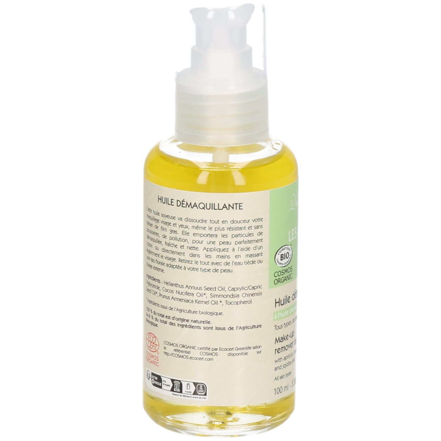 Flacon pompe, huile démaquillante jaune, label BIO COSMOS.
