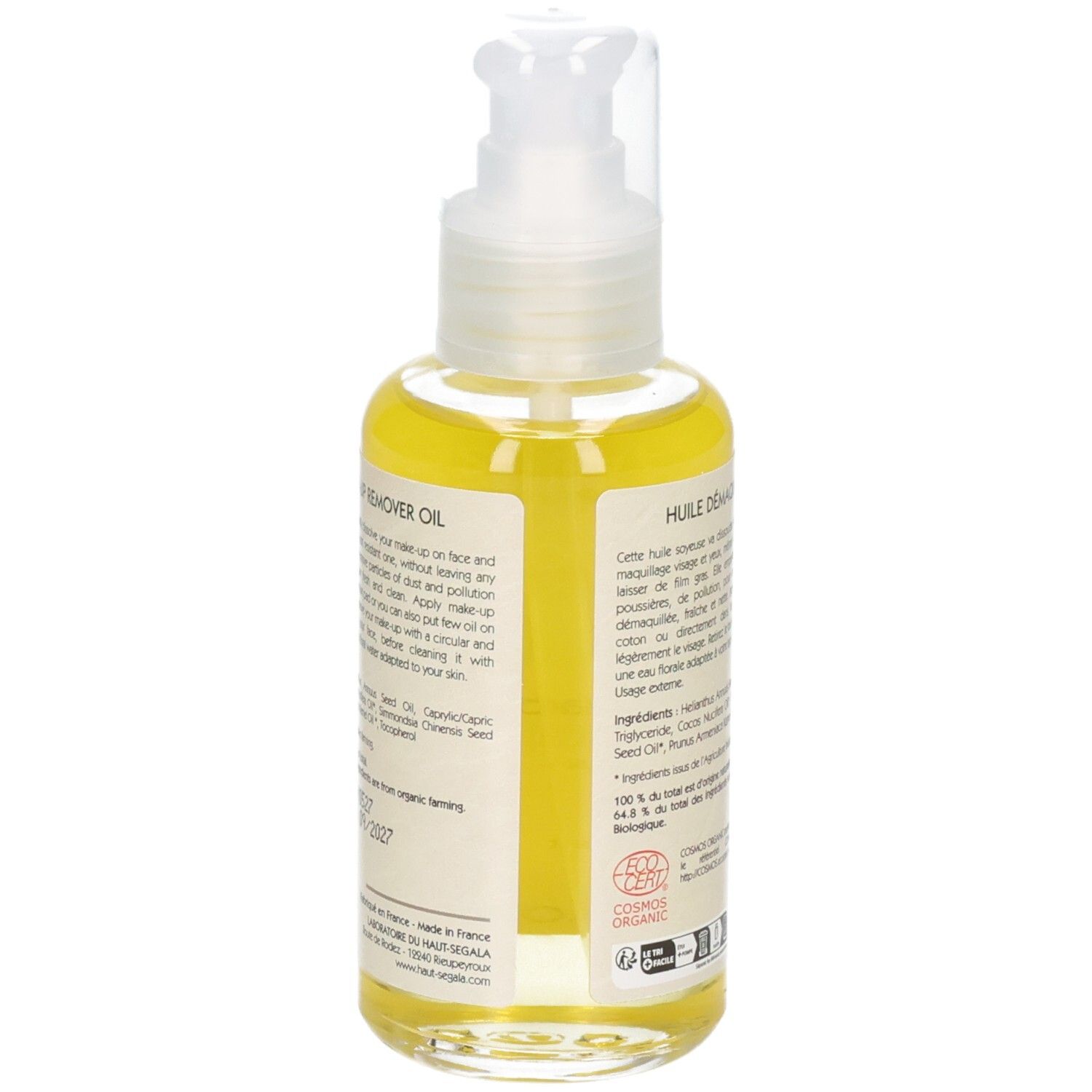 Arrière d'un flacon pompe, huile démaquillante jaune, label BIO.