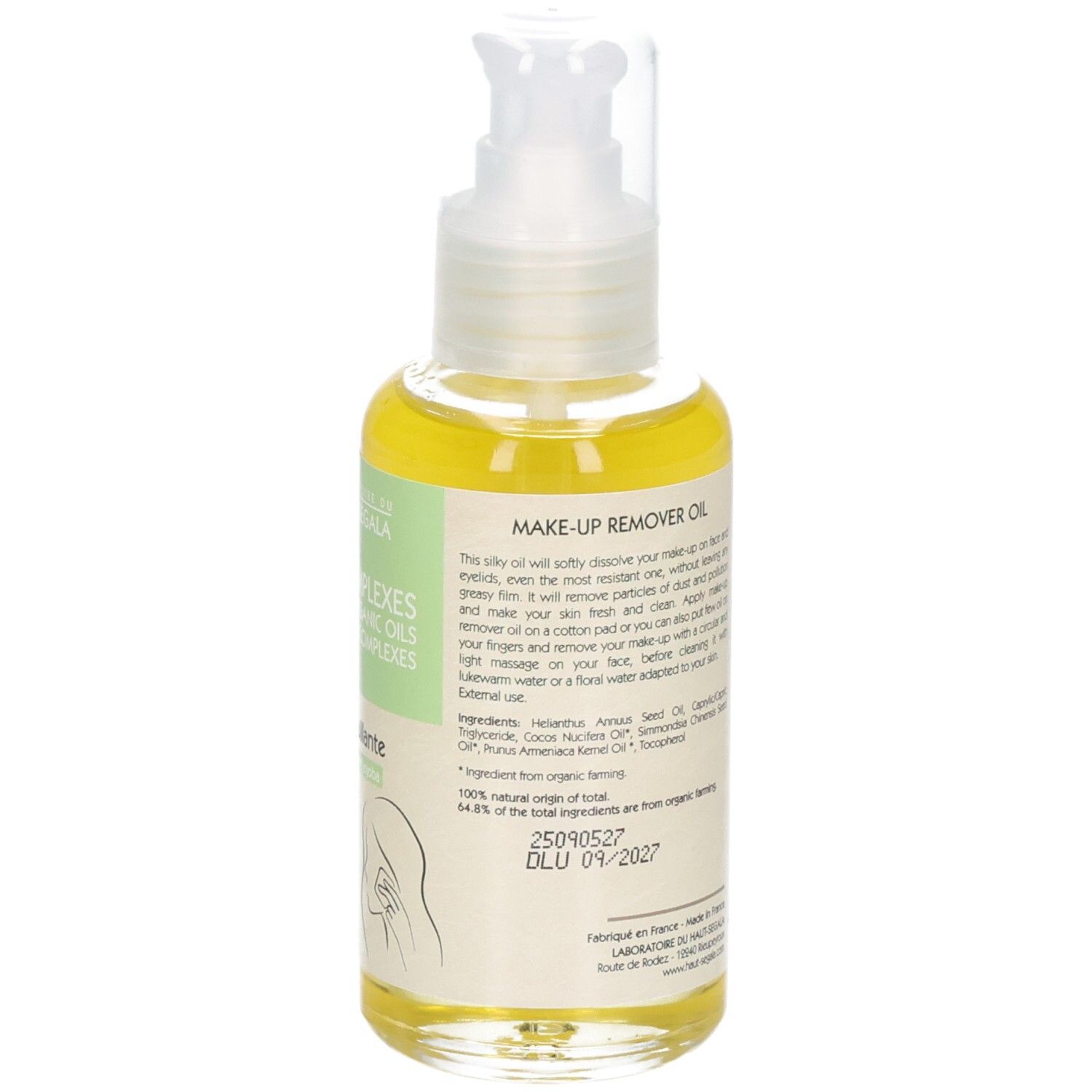 Flacon pompe, huile démaquillante jaune, label BIO, liste des ingrédients.