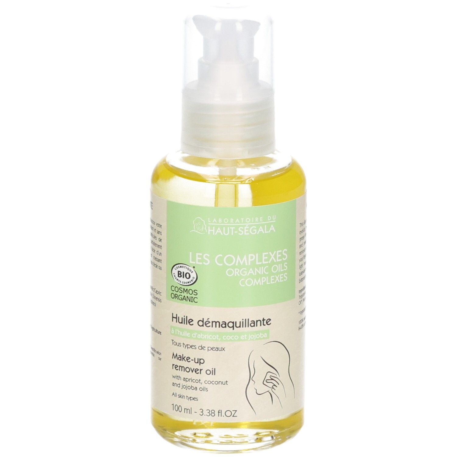 Flacon pompe et boîte en carton, huile démaquillante jaune, label BIO.