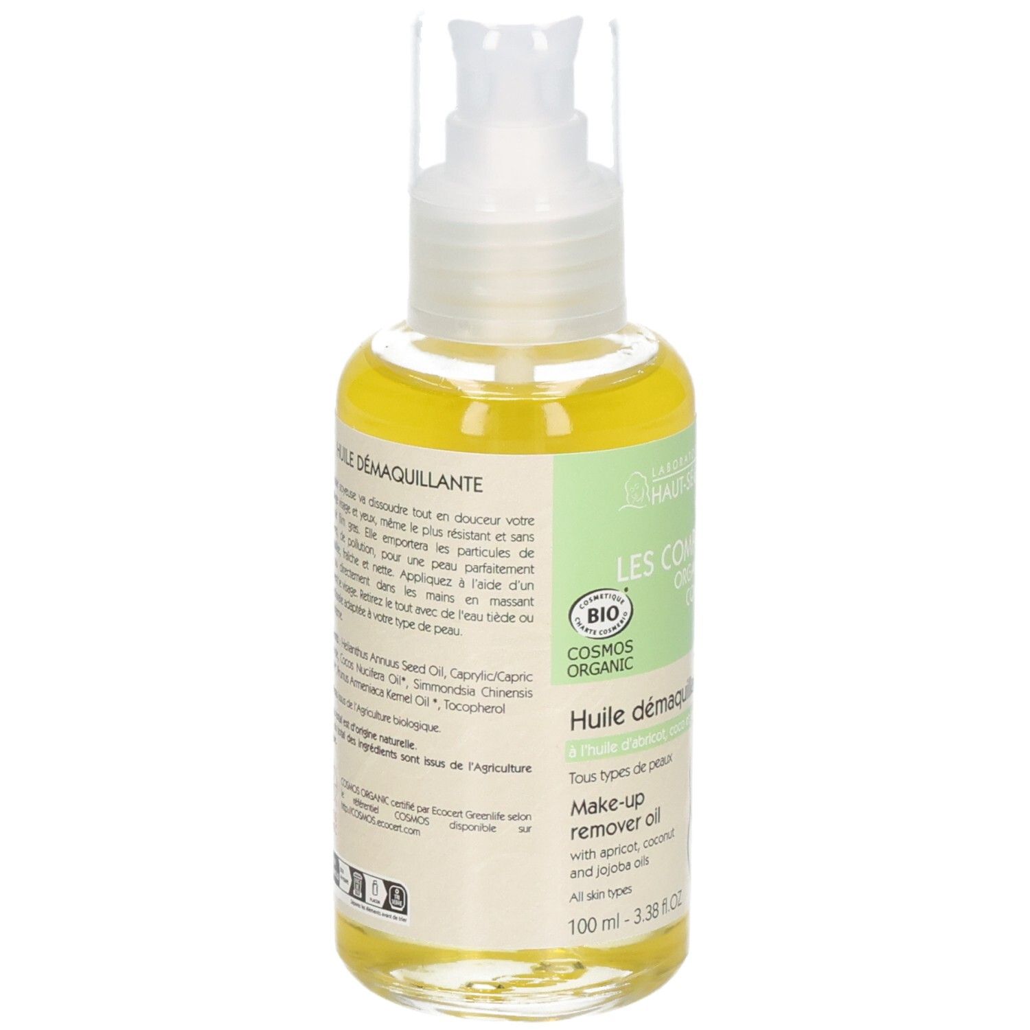 Flacon pompe, huile démaquillante jaune, label BIO, boîte en carton.